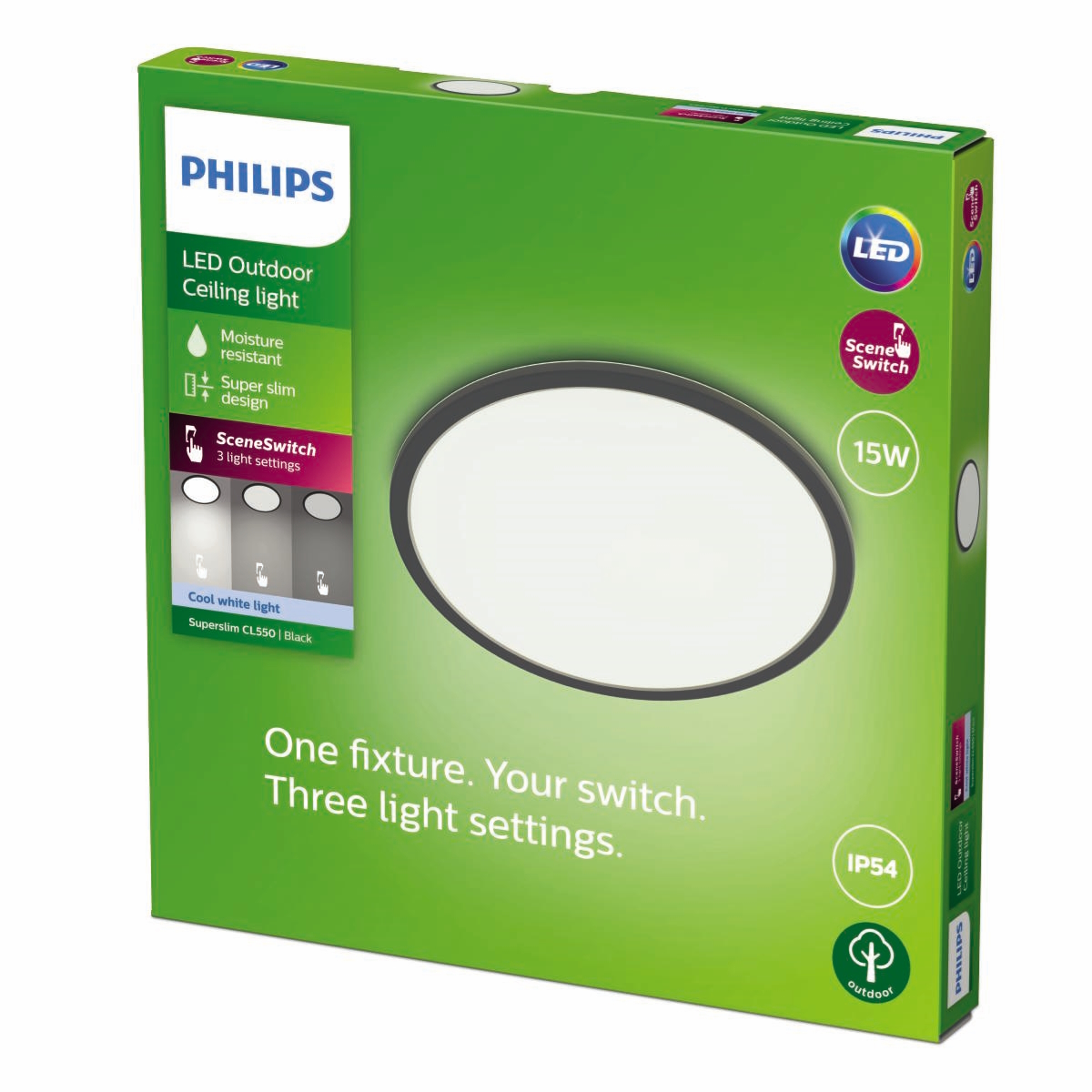 Scatola verde con plafoniera LED Philips, bianca e nera. Il testo descrive le caratteristiche.