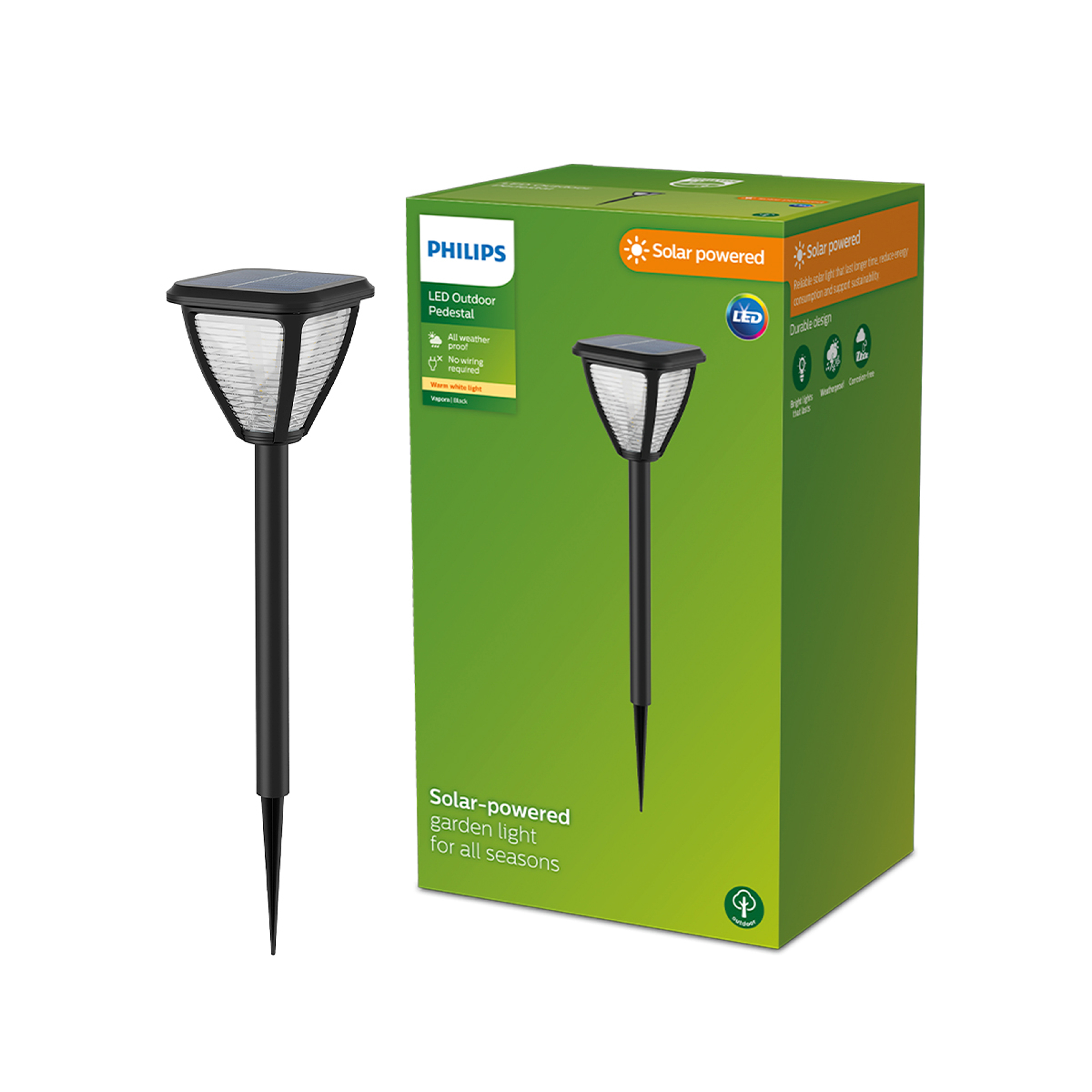 Solarbetriebene Gartenleuchte mit schwarzem Pfahl und Box mit Produktinfo, auf weißem Hintergrund.