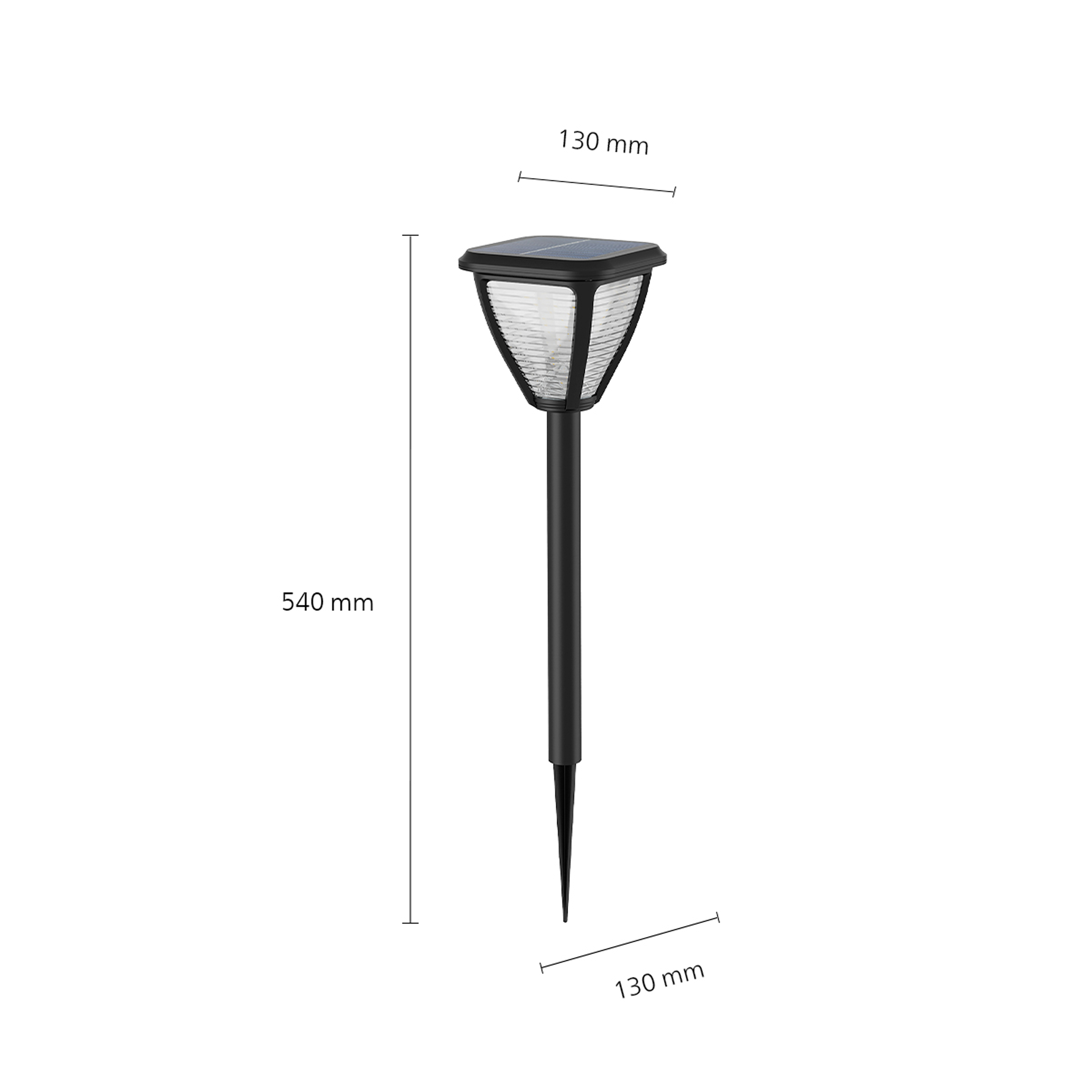 Schwarzes Solar-Gartenlicht mit Messungen und Abmessungen.
