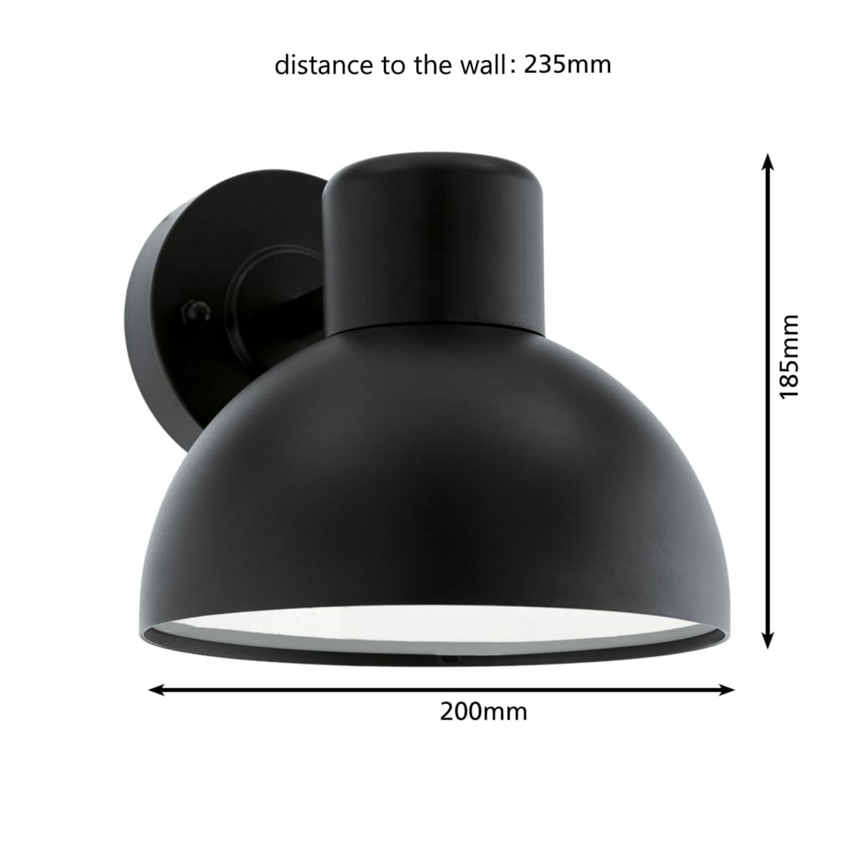 Una luce da parete per esterni nera con dimensioni e misure.