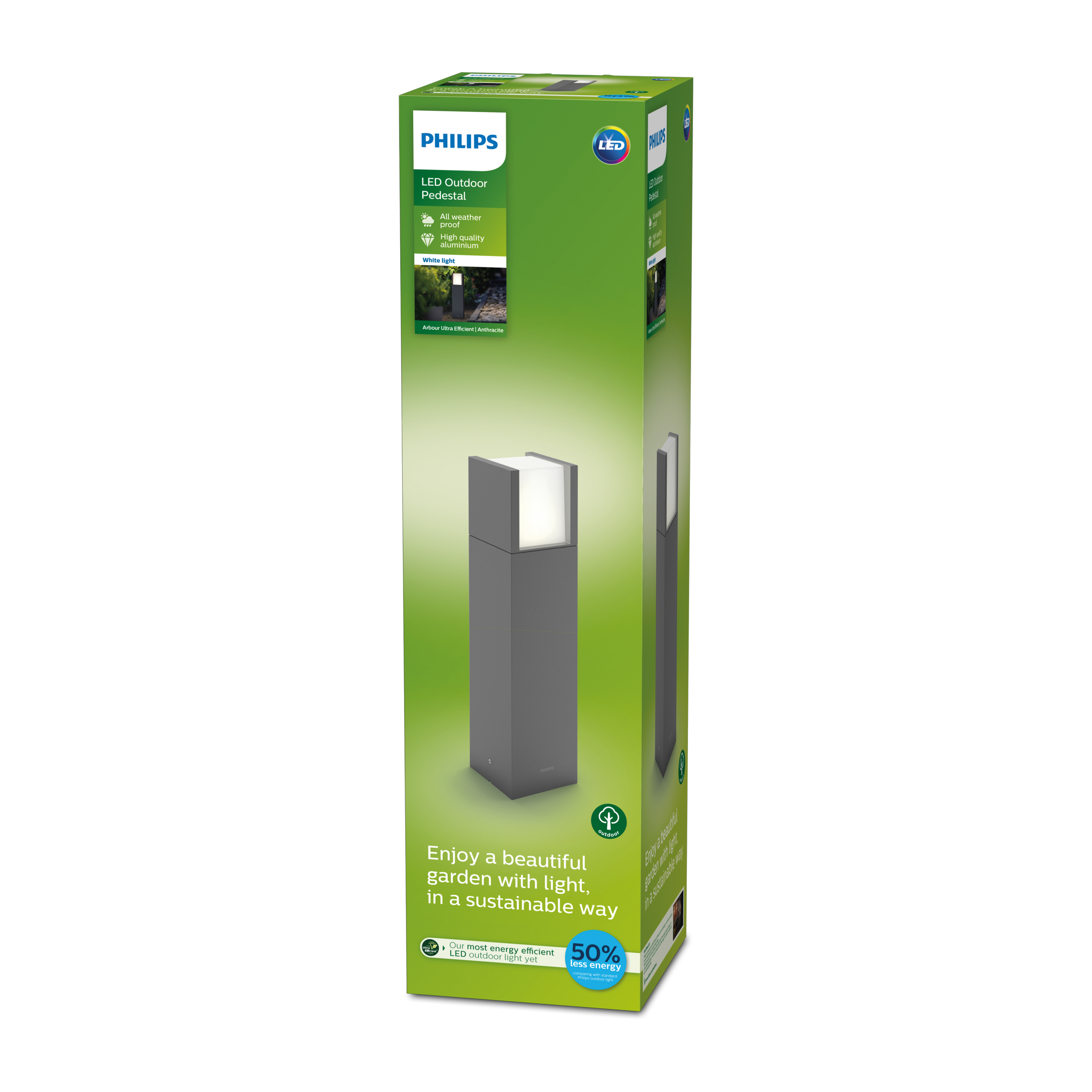 Una luce a piedistallo LED per esterni Philips in una scatola. La scatola è verde e grigia.