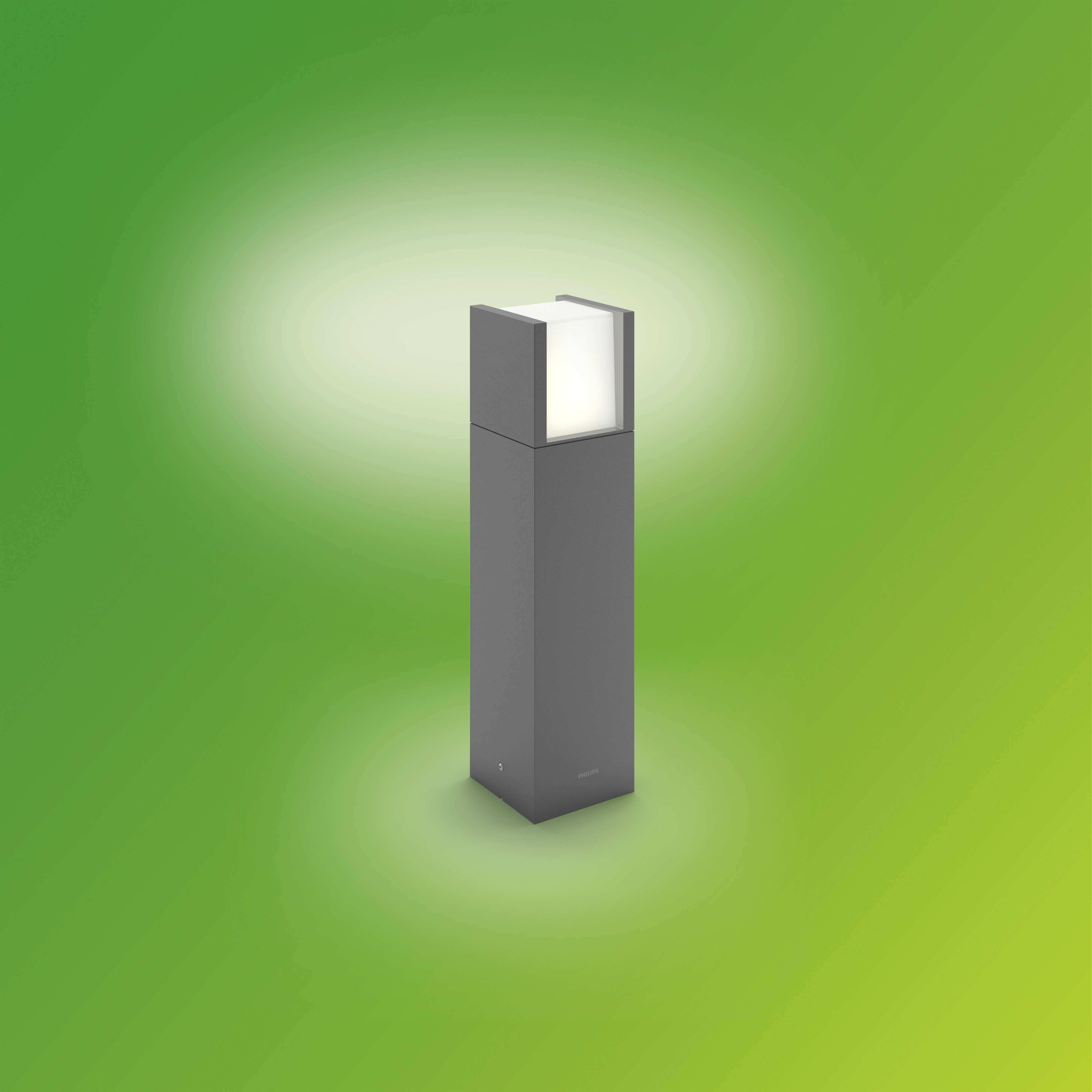 Apparecchio di illuminazione per esterni grigio, rettangolare, su sfondo sfumato verde.