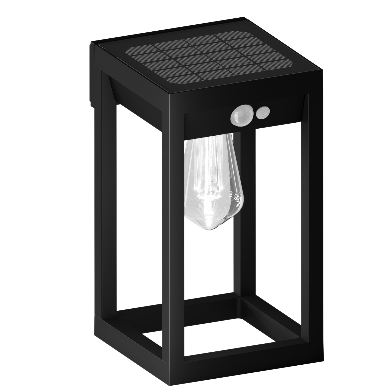 Lampada da esterno nera, rettangolare, con pannello solare, lampadina visibile. Sfondo nero.