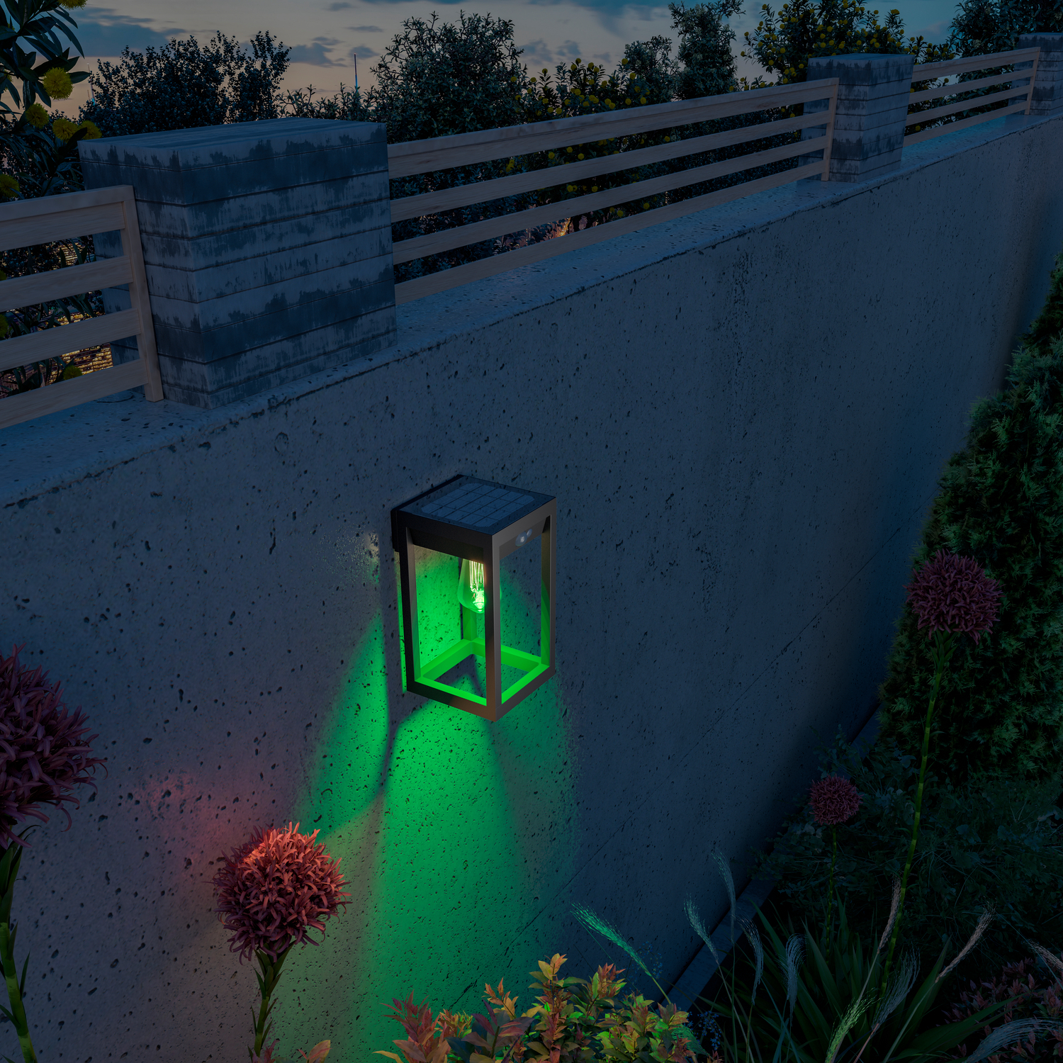 Lampada da parete esterna con luce verde su muro di cemento, piante in primo piano.