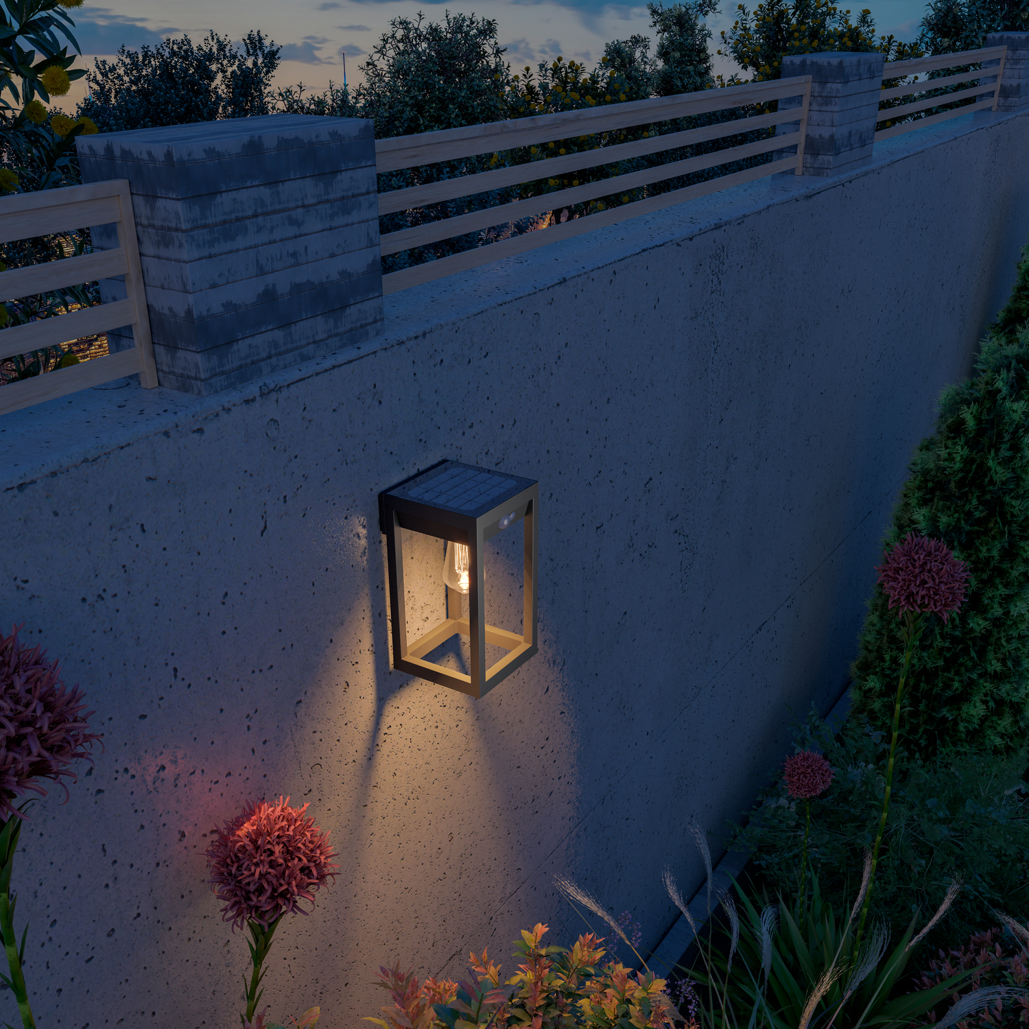 Muro esterno con un apparecchio di illuminazione a energia solare. L'apparecchio è rettangolare e angolato, che emette un bagliore caldo.