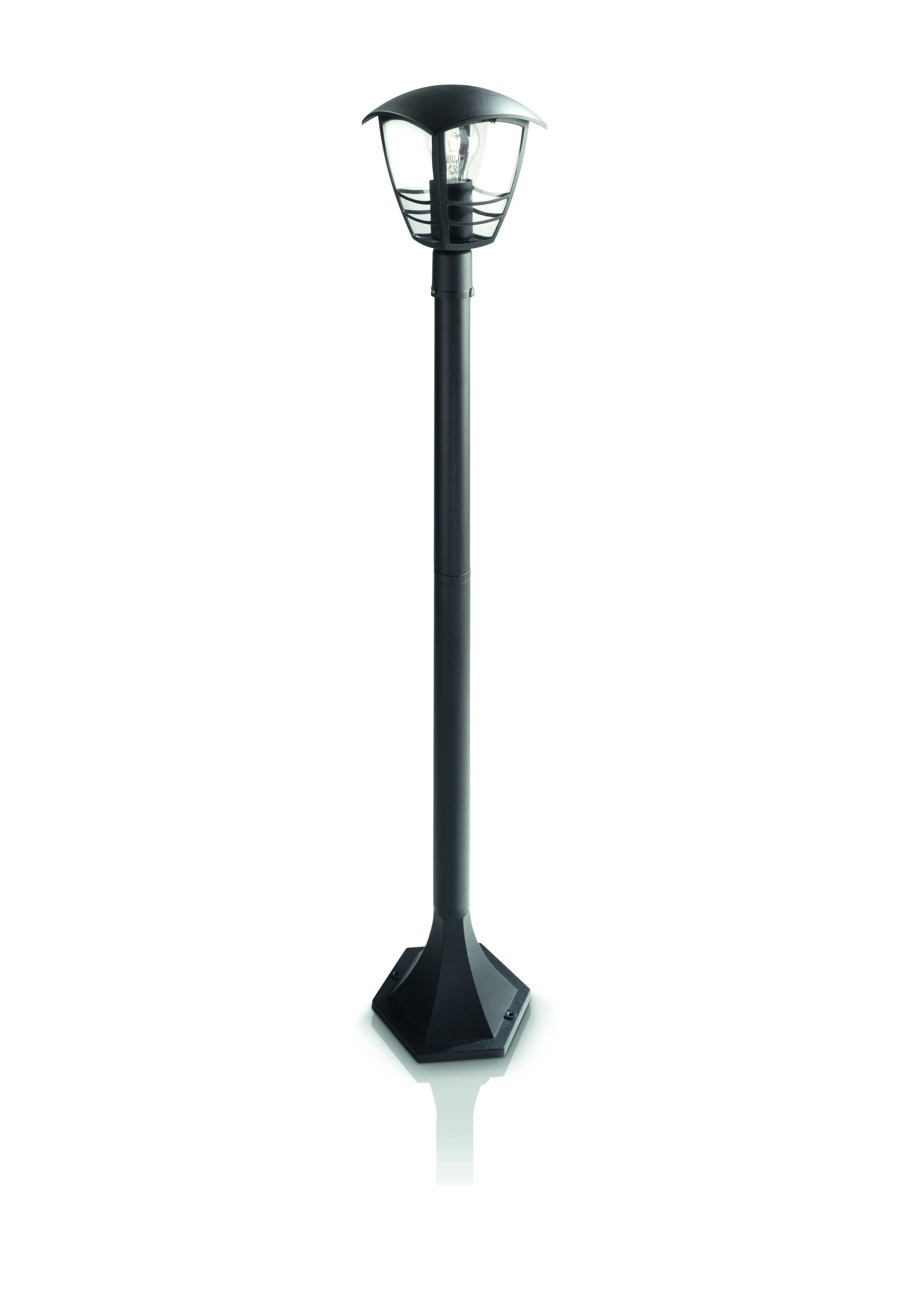 Un palo lampada nero per esterni con base ottagonale, un palo alto e una parte superiore a gabbia con luce.