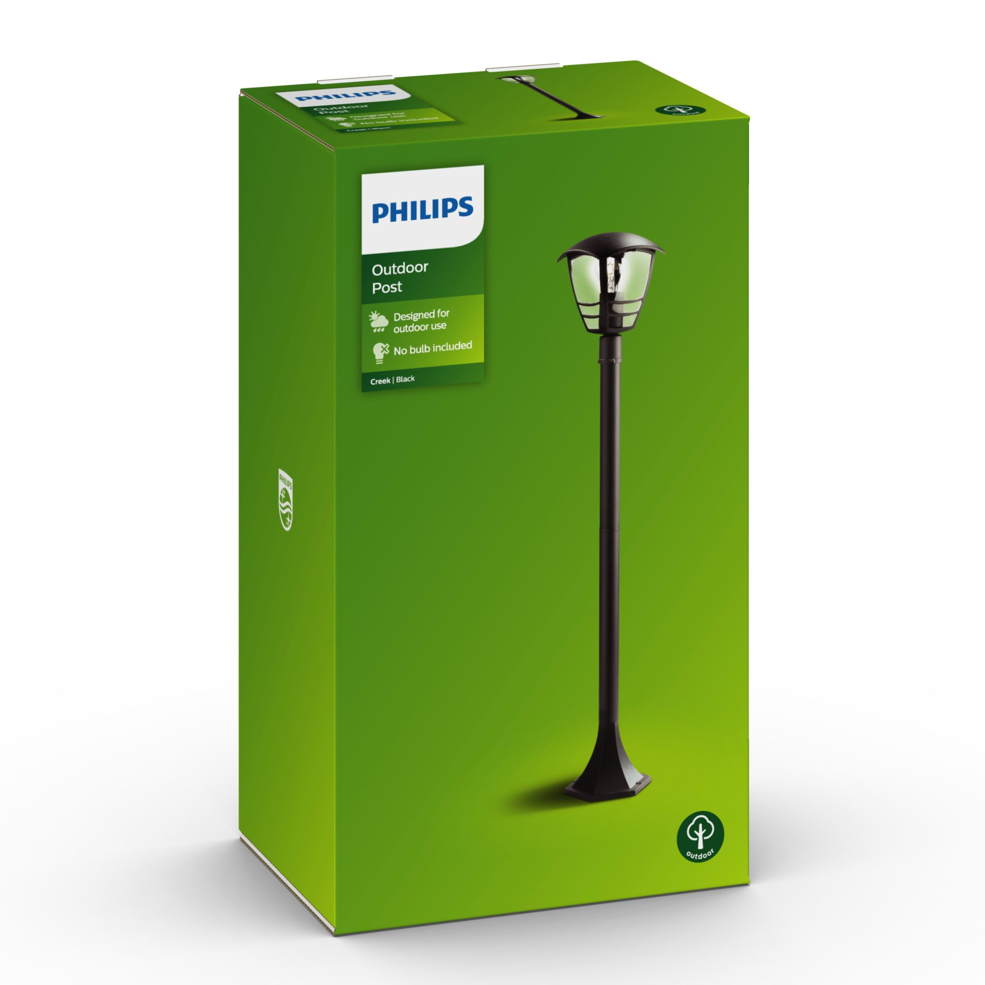 Un'applique da esterno Philips in una scatola verde, con un'immagine del prodotto.