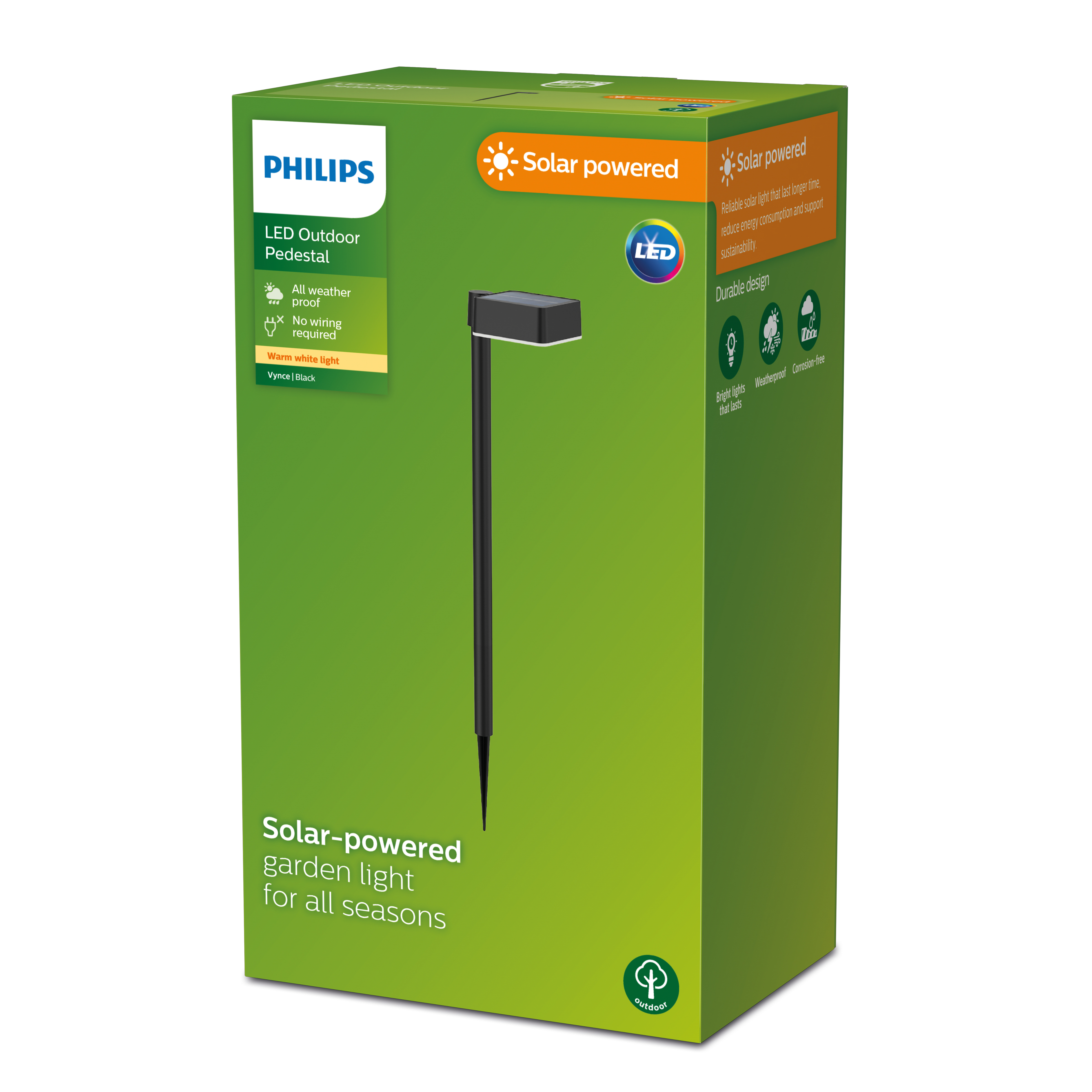 Karton mit solarbetriebener Gartenleuchte. Enthält Details zu Funktionen.
