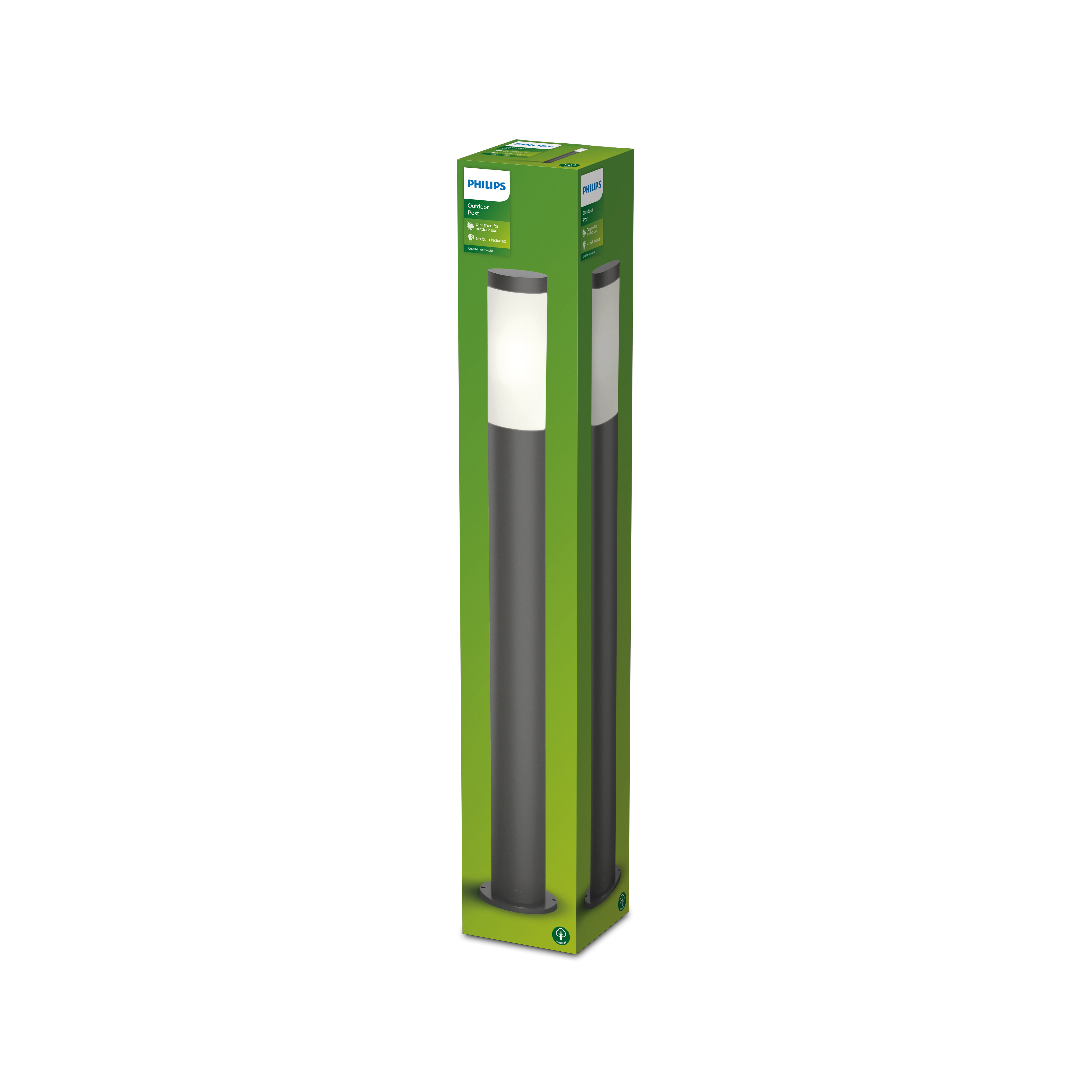 Una scatola di lampada Philips alta e grigia, che mostra la lampada e uno sfondo verde.