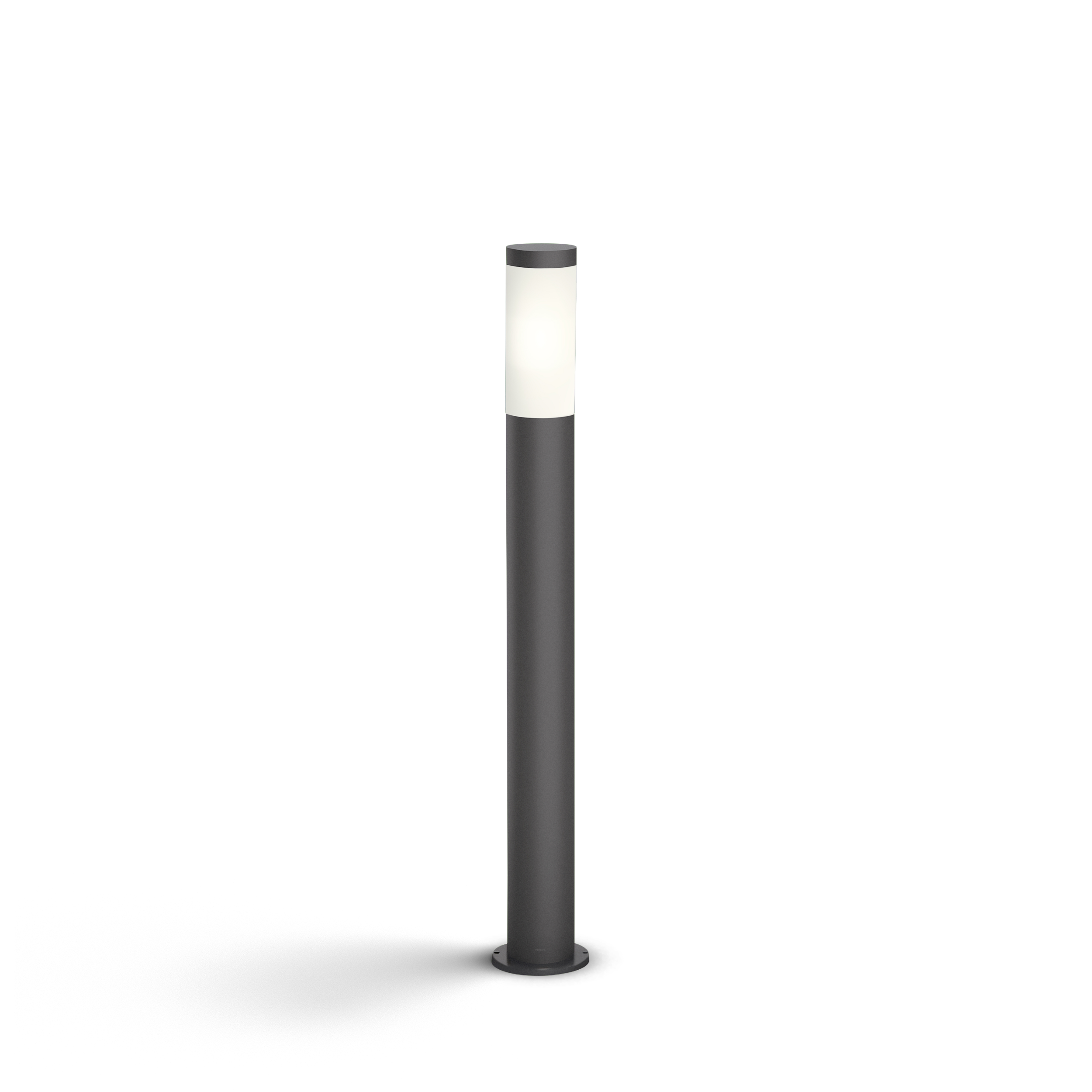 Lampada cilindrica esterna nera con parte superiore bianca luminosa e base scura, su sfondo bianco.