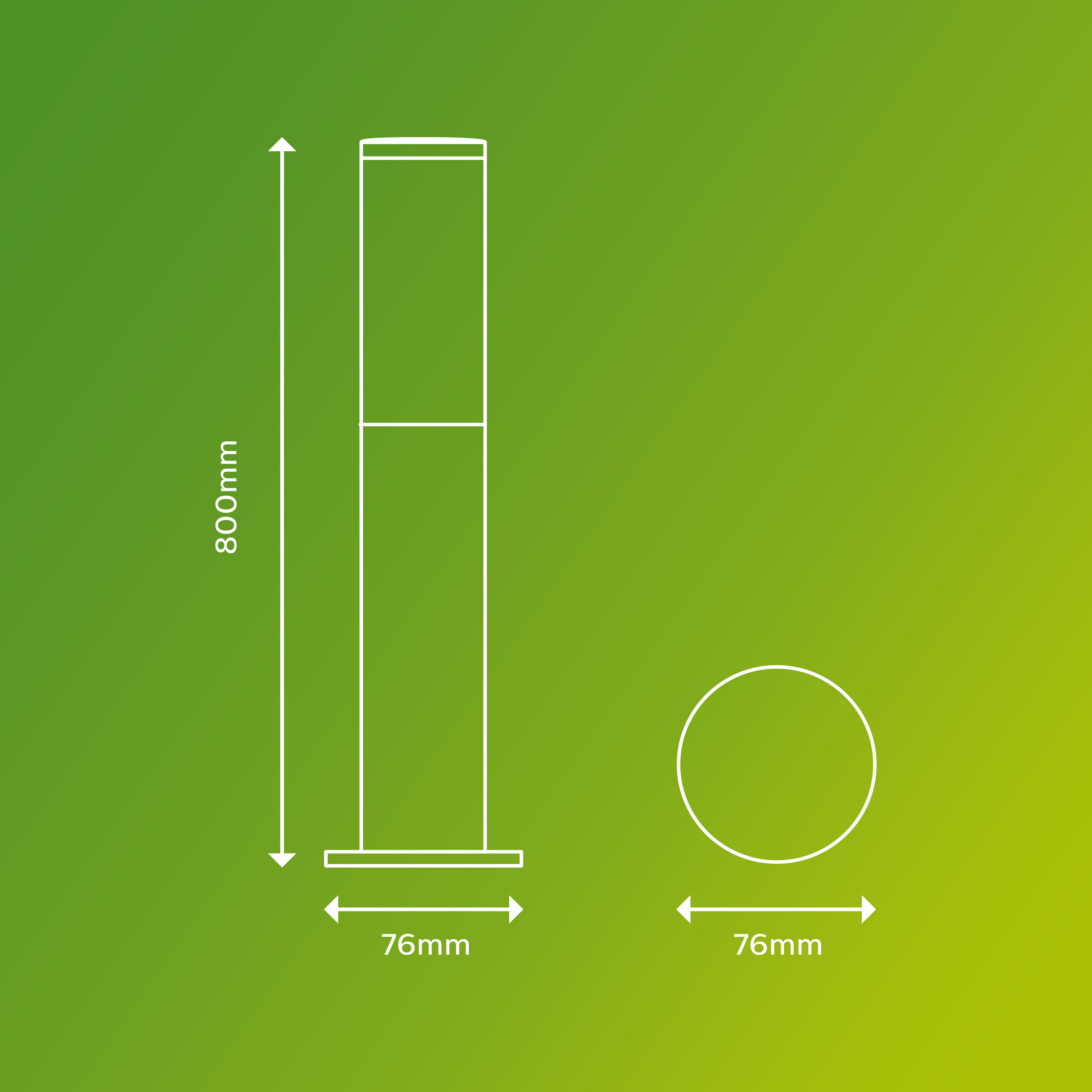 Disegno lineare di una lampada alta con dimensioni: 800 mm altezza, 76 mm larghezza.