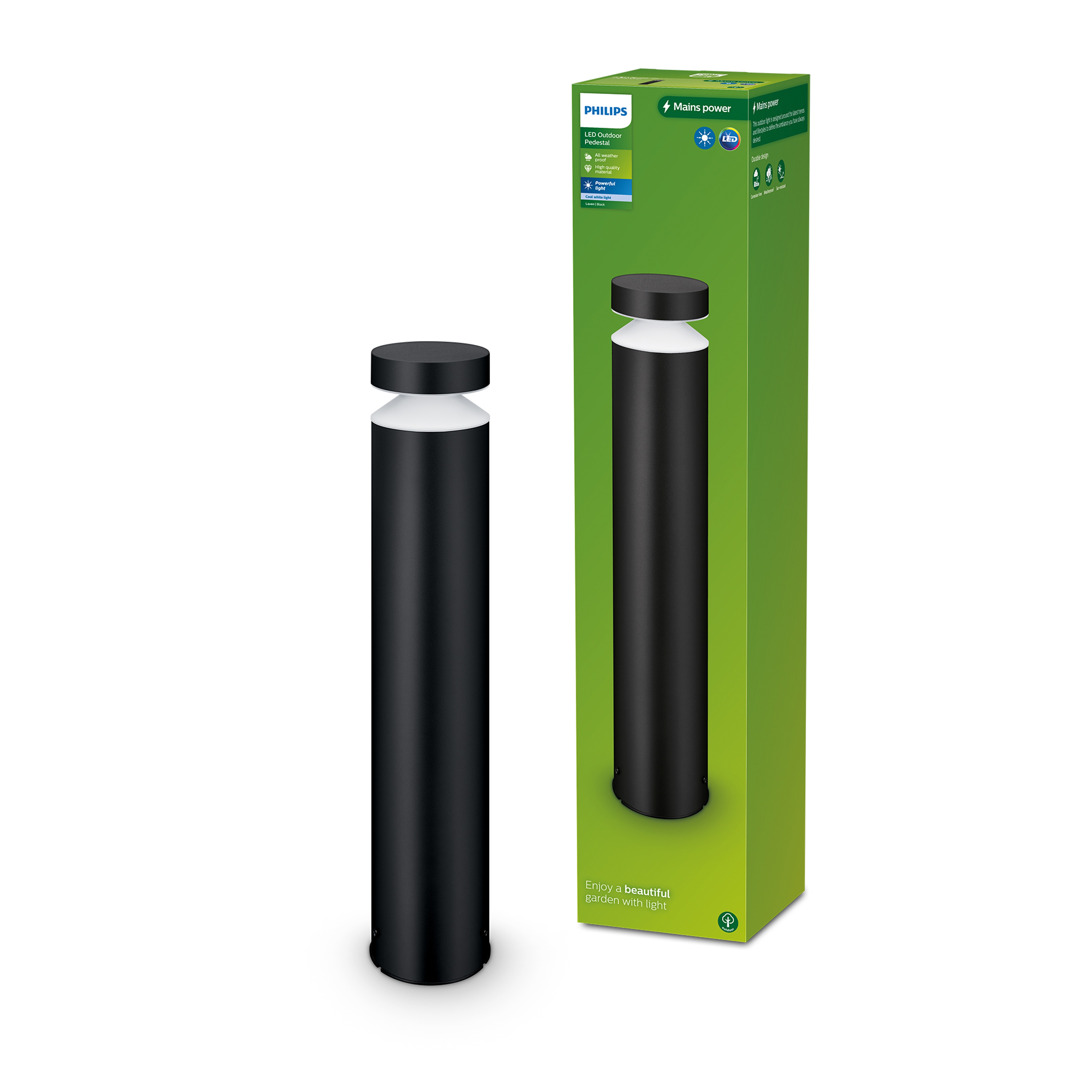 Ein schwarzer, zylindrischer Philips LED-Gartenpfahl mit weißer Oberseite.