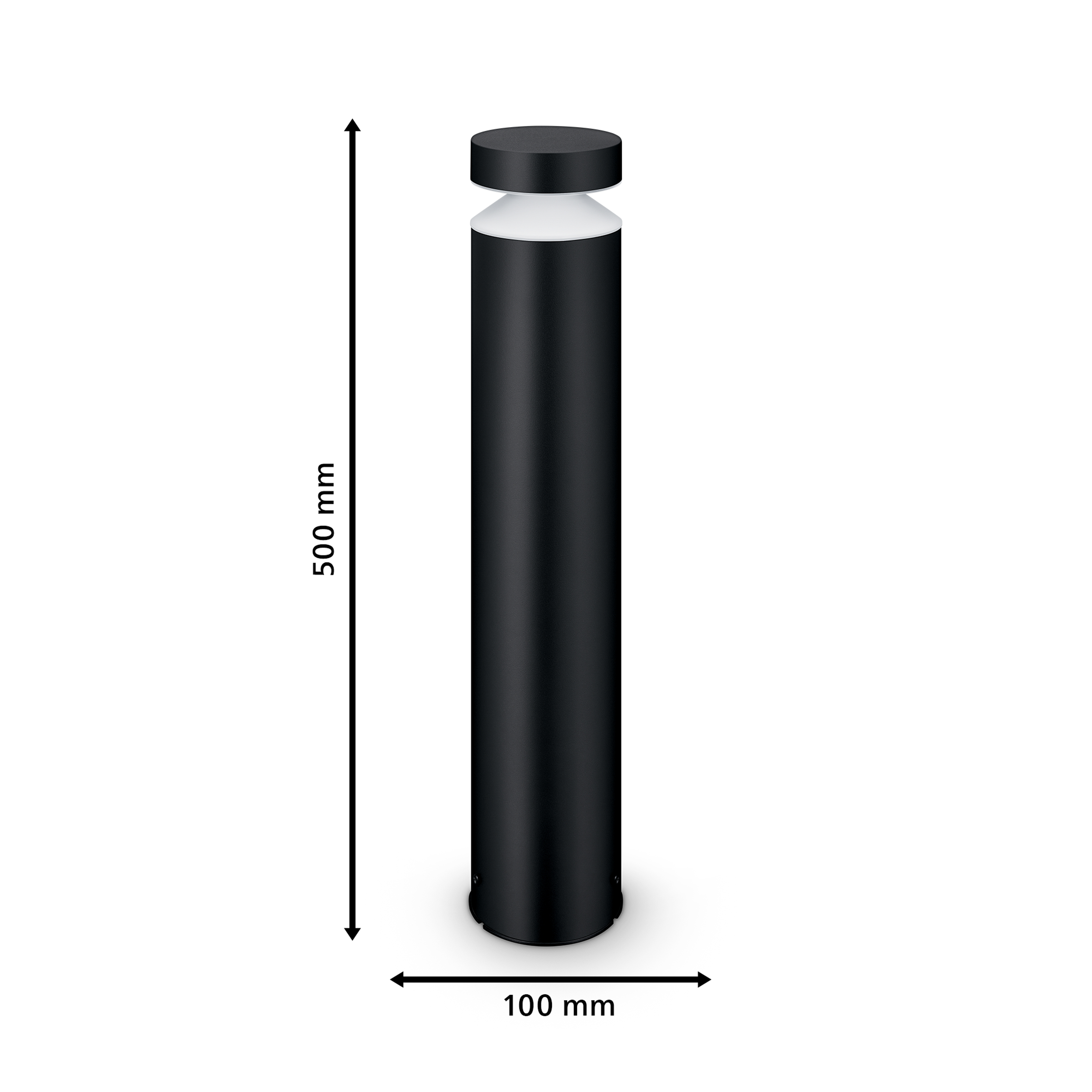 Schwarze Außenlaterne. Maße: 500 mm hoch, 100 mm breit. Mit Messungen.