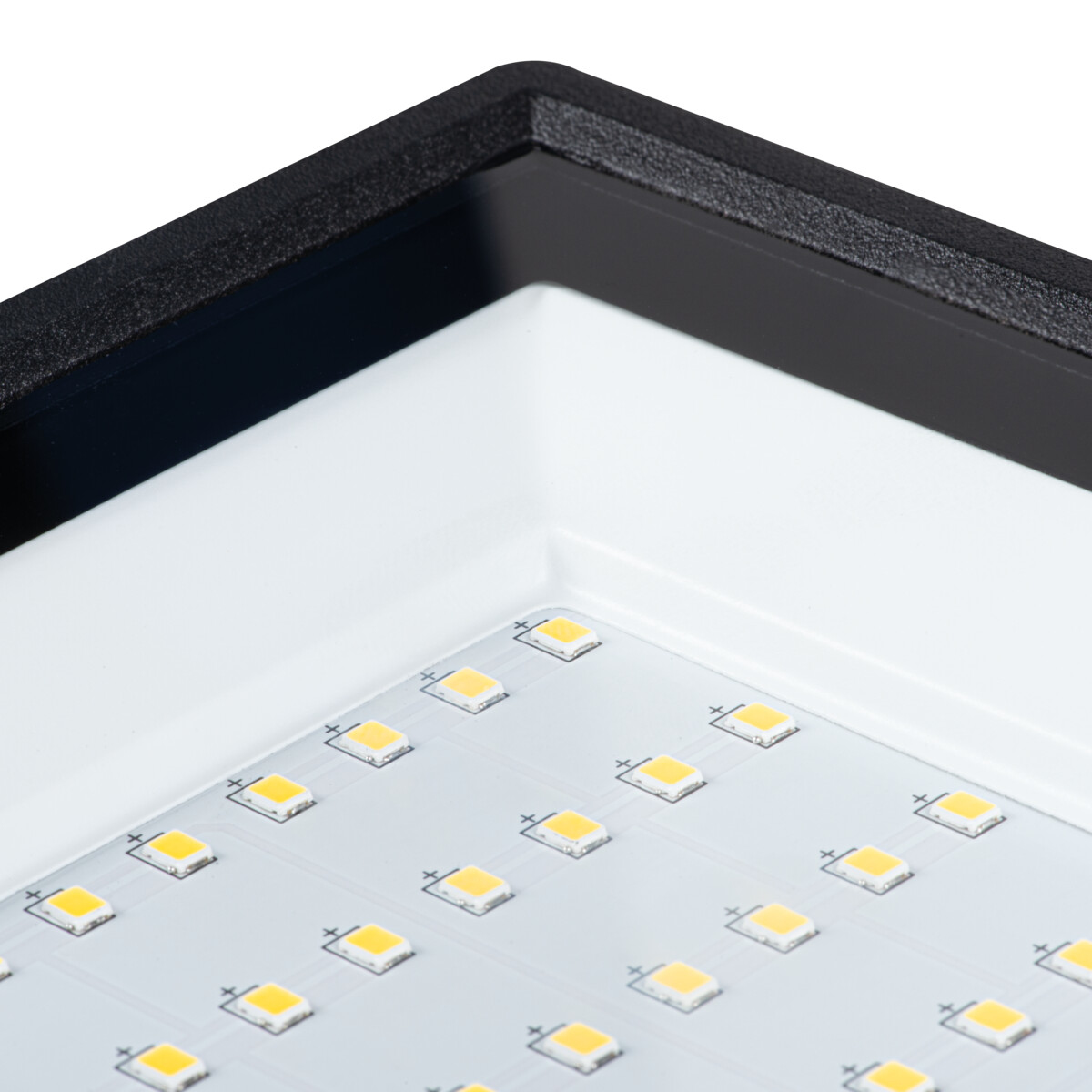 Close up of a LED light panel inside a black frame.