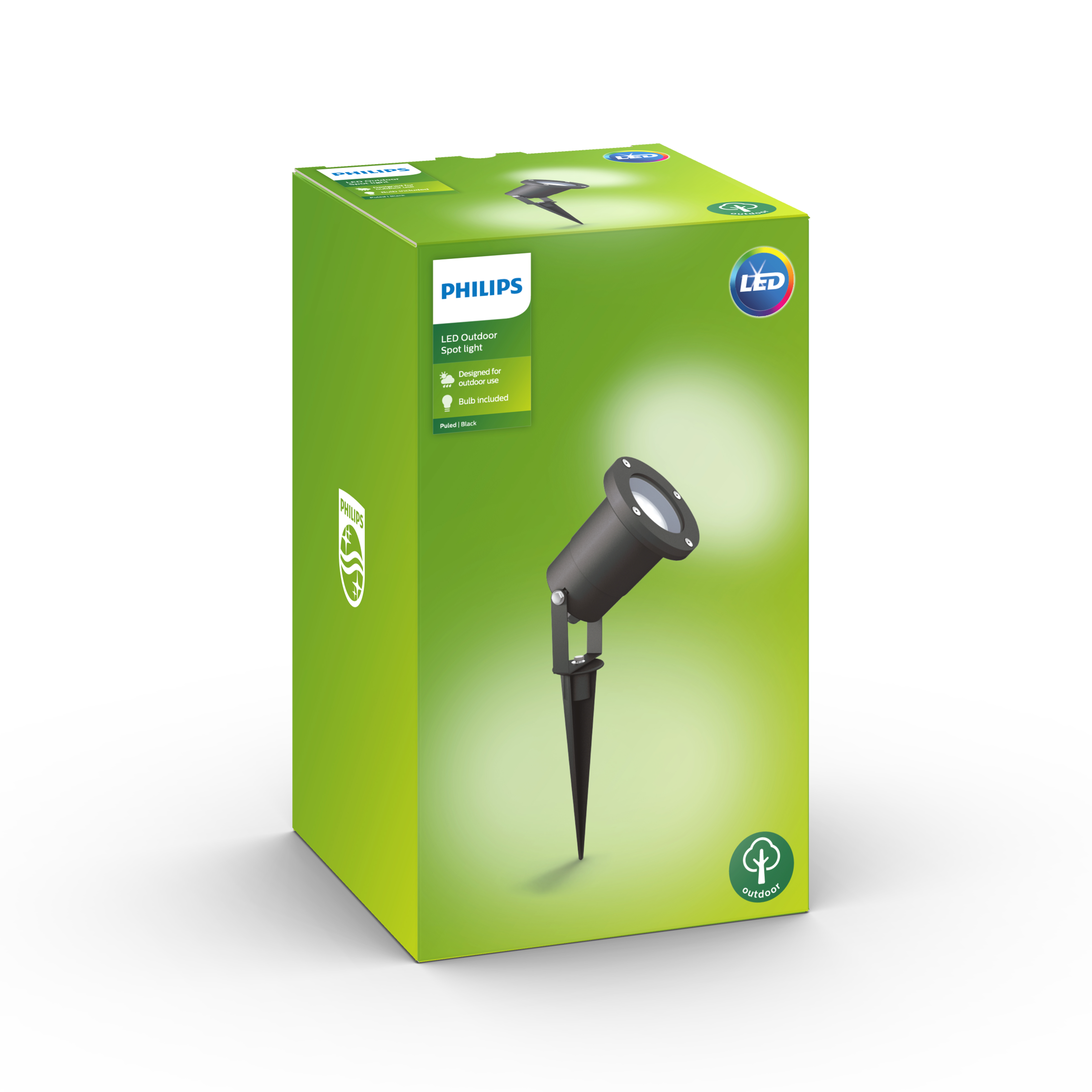 Eine schwarze Philips LED-Außenstrahler-Box mit einem Scheinwerfer und einem schwarzen Pfahl.