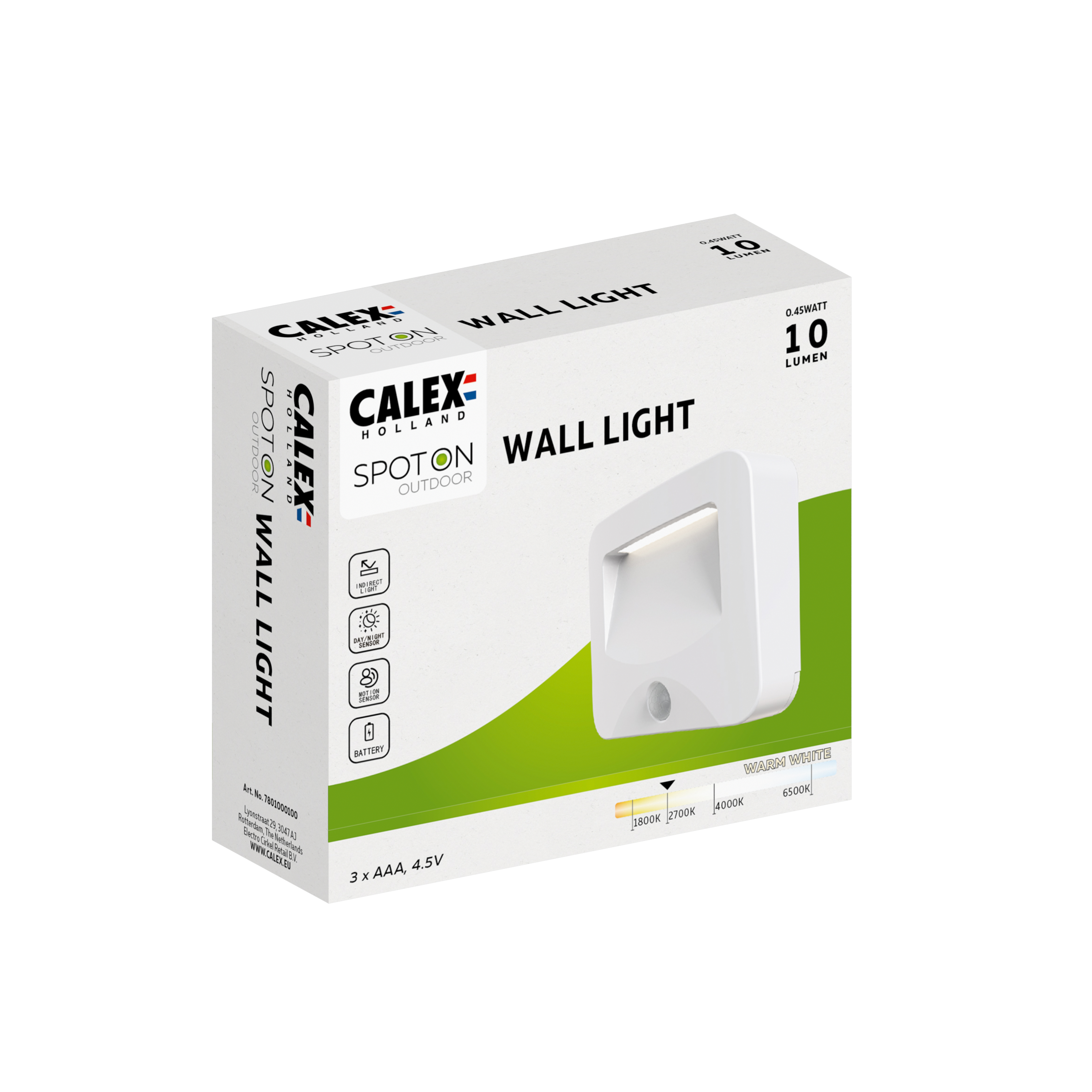 Scatola bianca con CALEX Wall Light. Il testo descrive le specifiche e le caratteristiche.