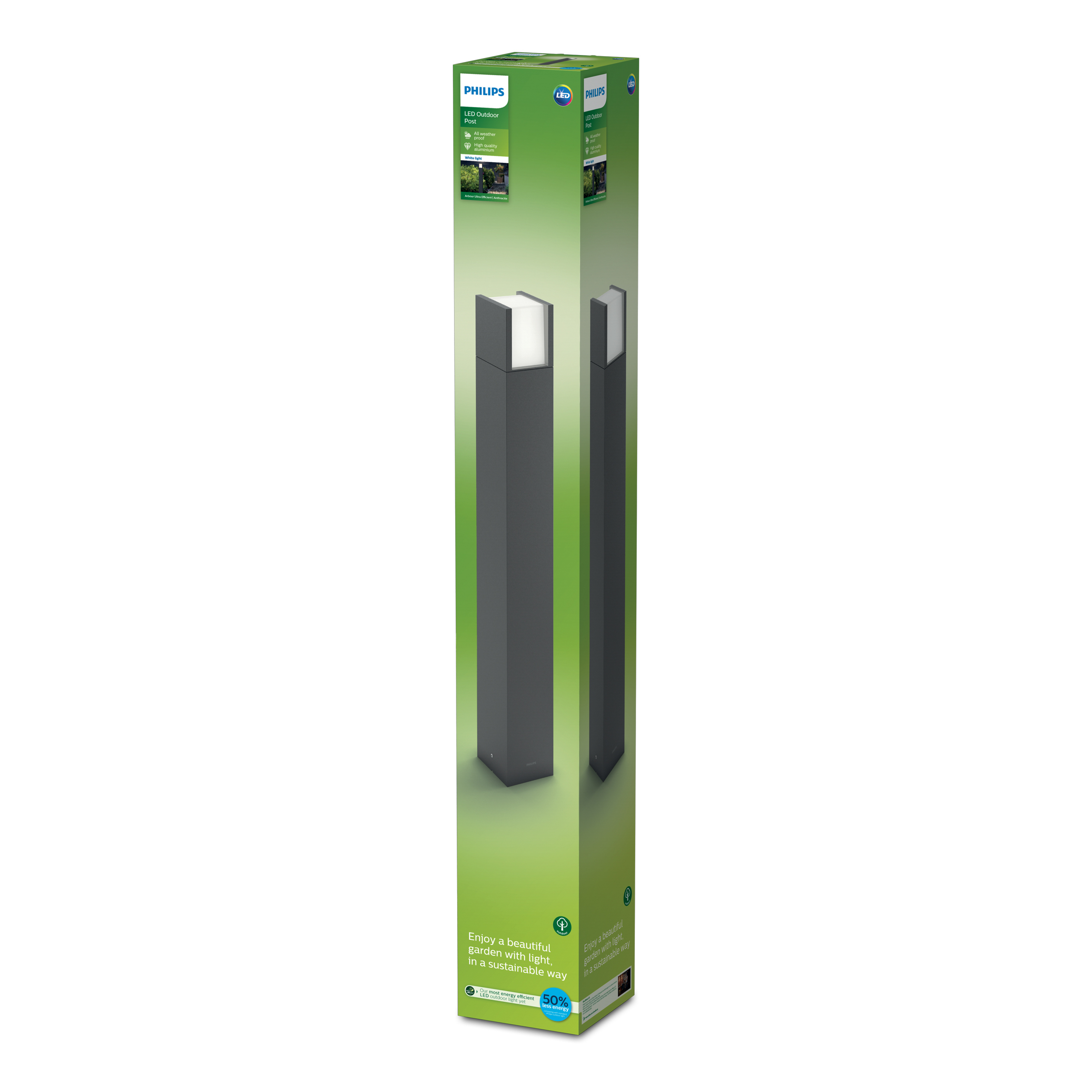 Scatola luminosa Philips grigio scuro, con immagine di lampada su sfondo verde.