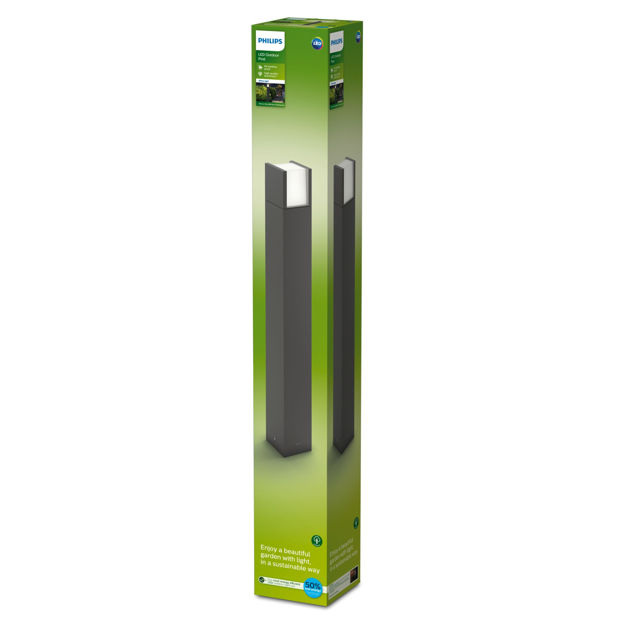 Una scatola di lampada a LED Philips grigio scuro con sfondo verde e luce bianca.