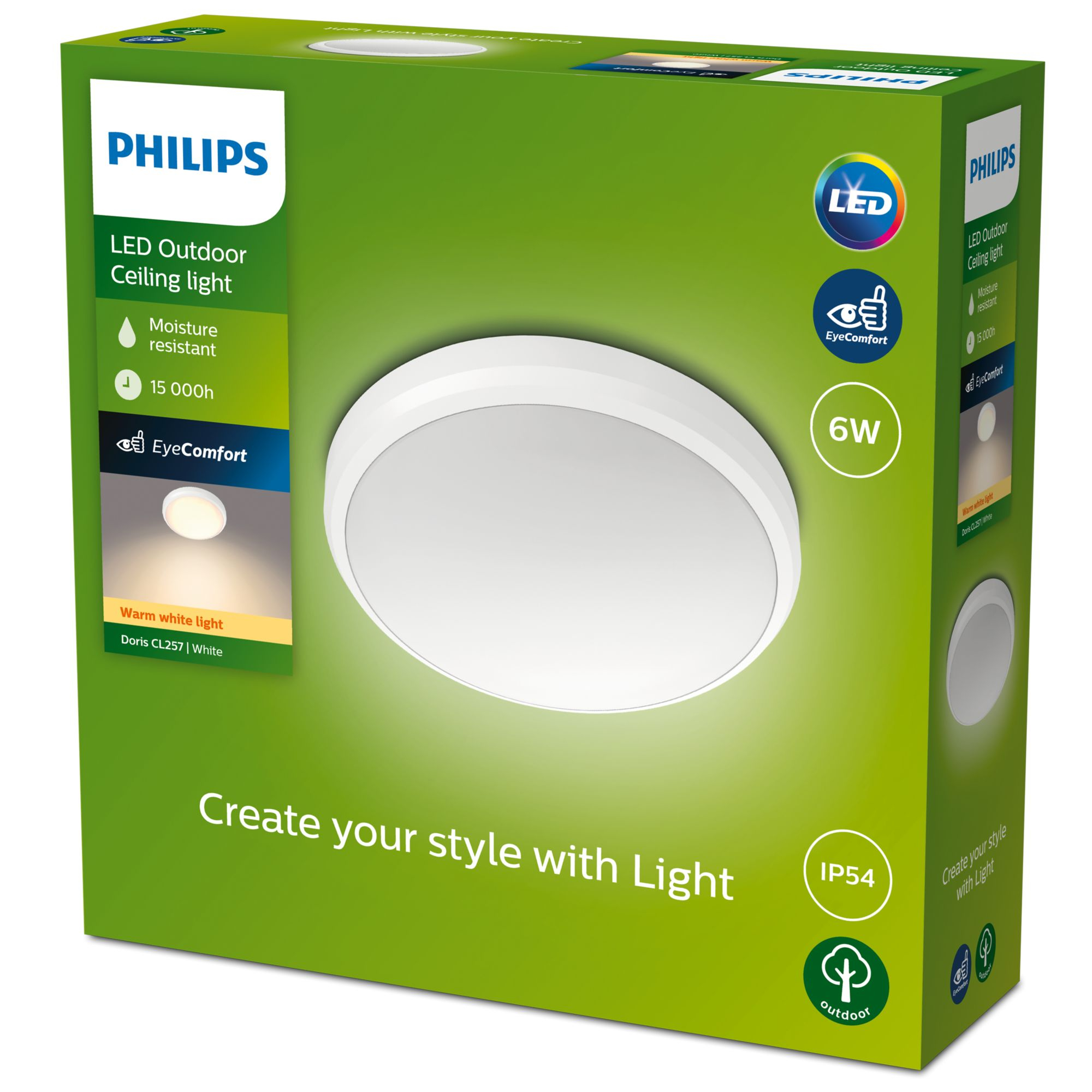 Scatola luminosa da soffitto per esterni a LED Philips, luce bianca frontale, scatola verde.