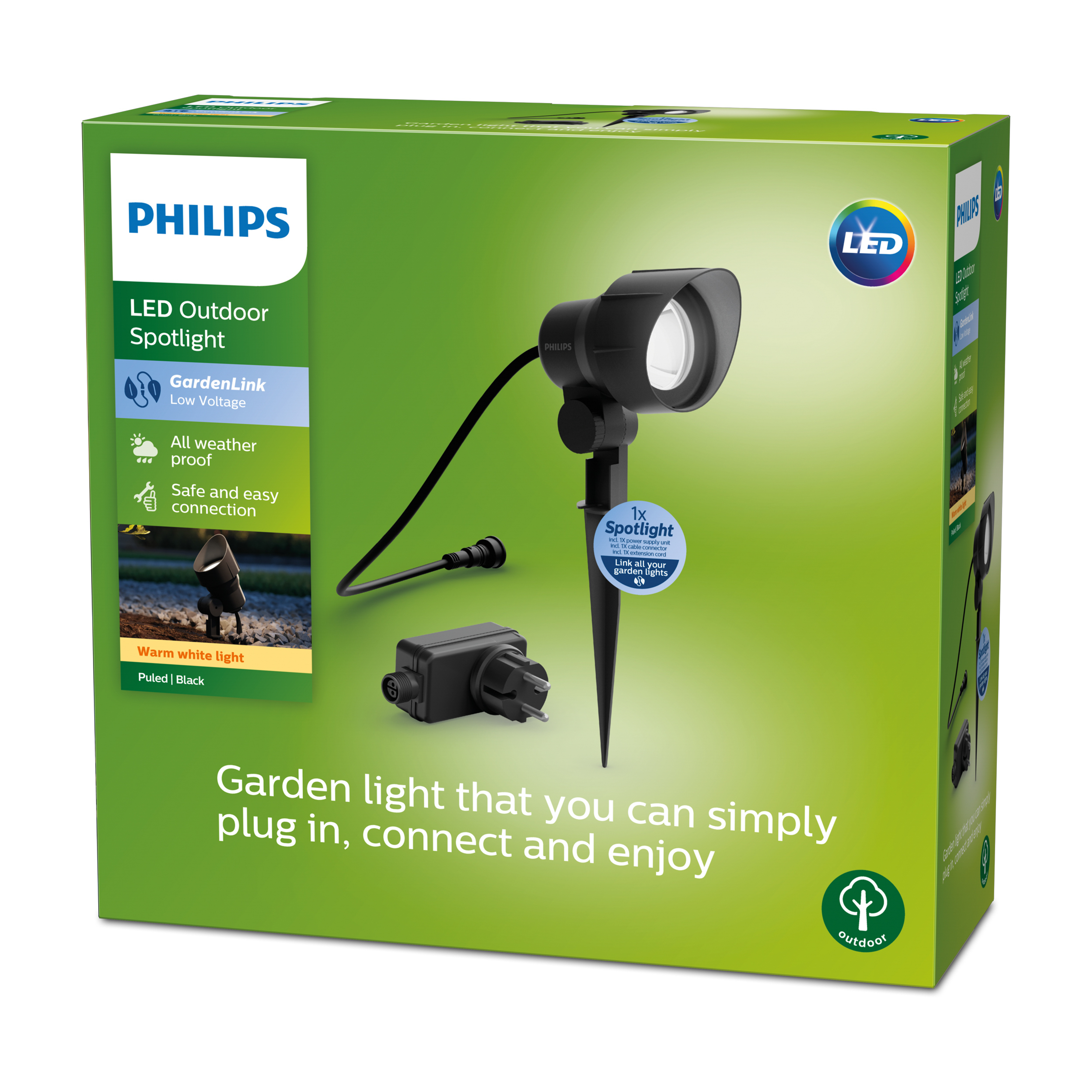 Scatola verde Philips con faretti LED per esterni. Include faretto e spina.