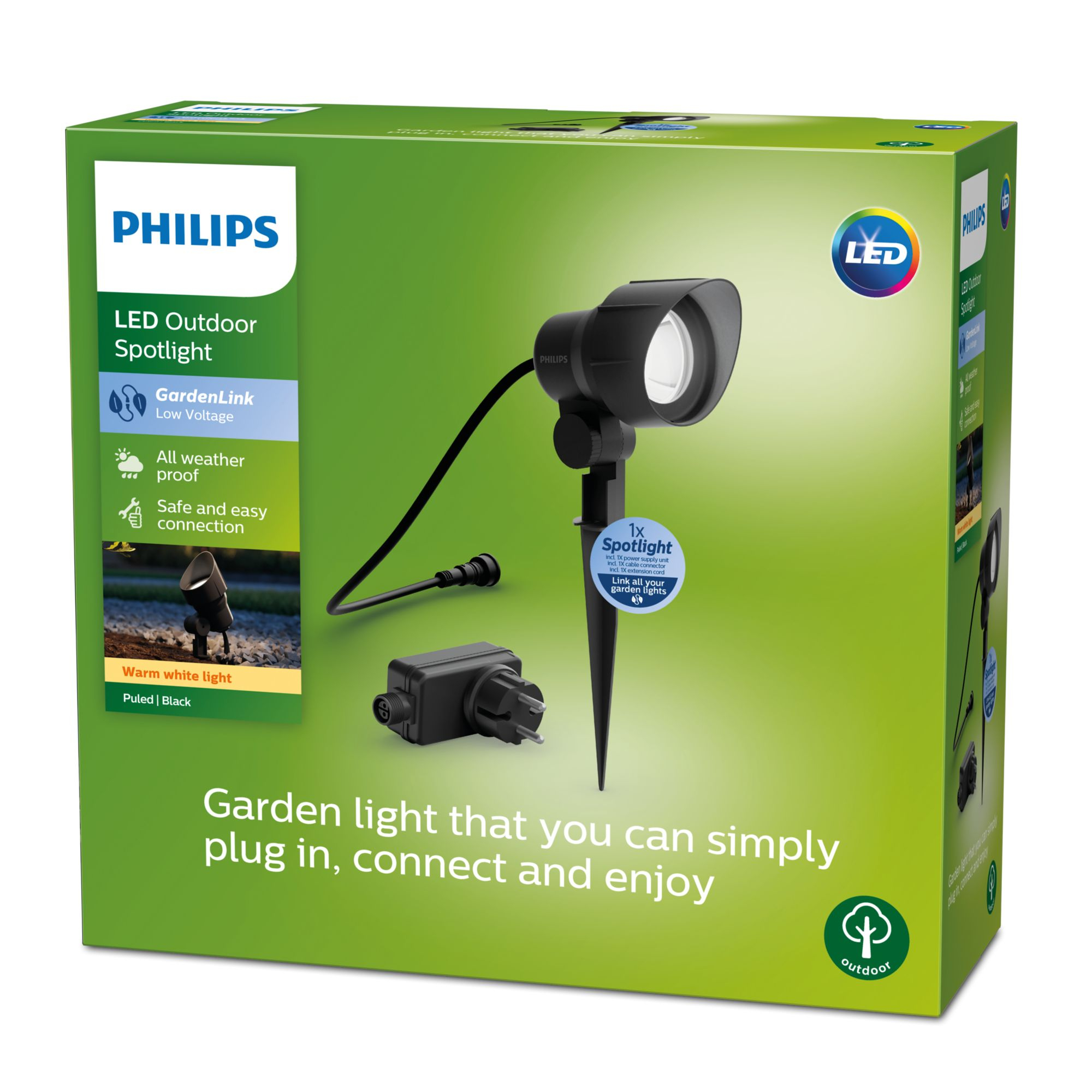 Una scatola verde Philips con un faretto e una spina nera. La scatola menziona 'LED Outdoor Spotlight'.