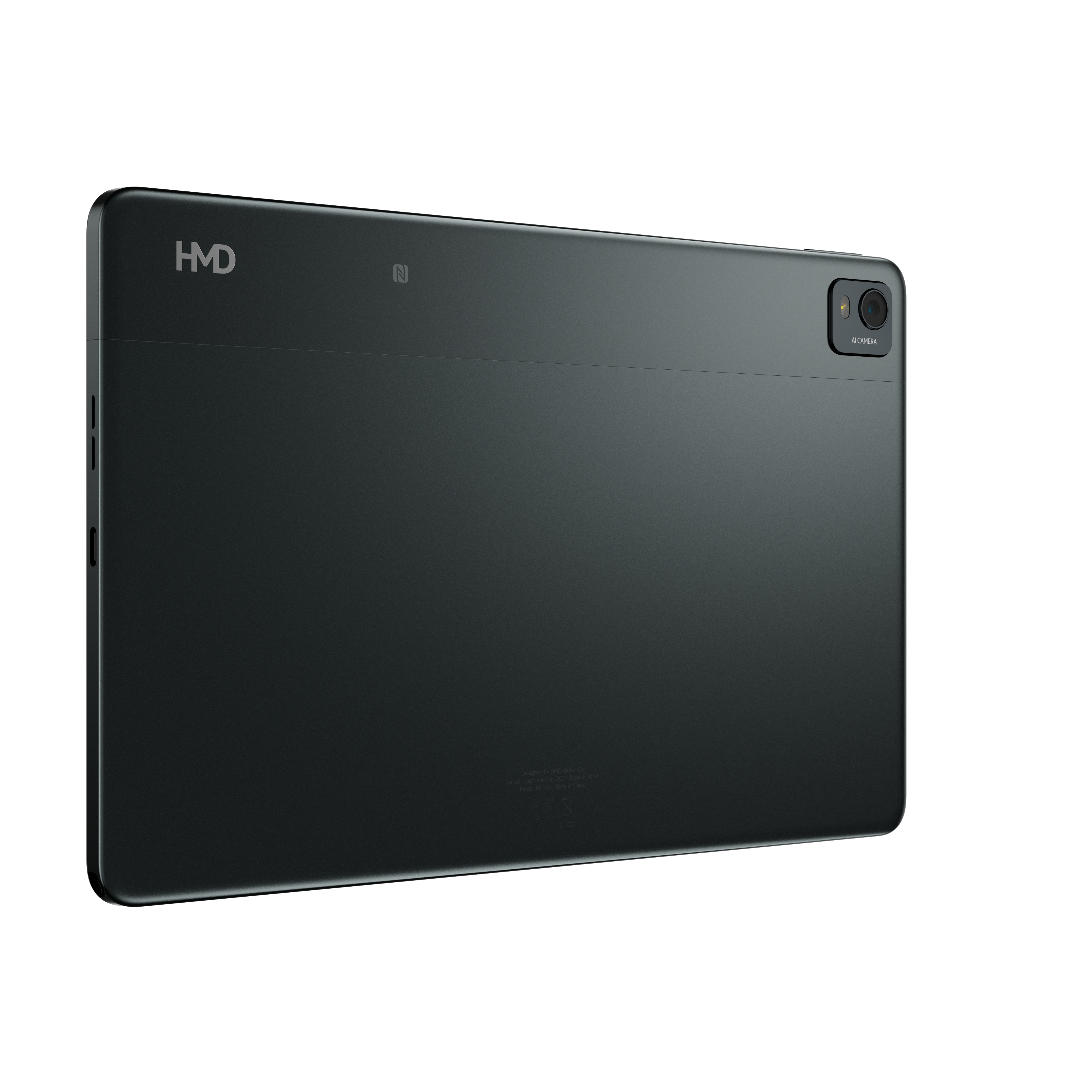 Retro tablet nero con logo 'HMD', fotocamera e marcatura 'N', su sfondo bianco.