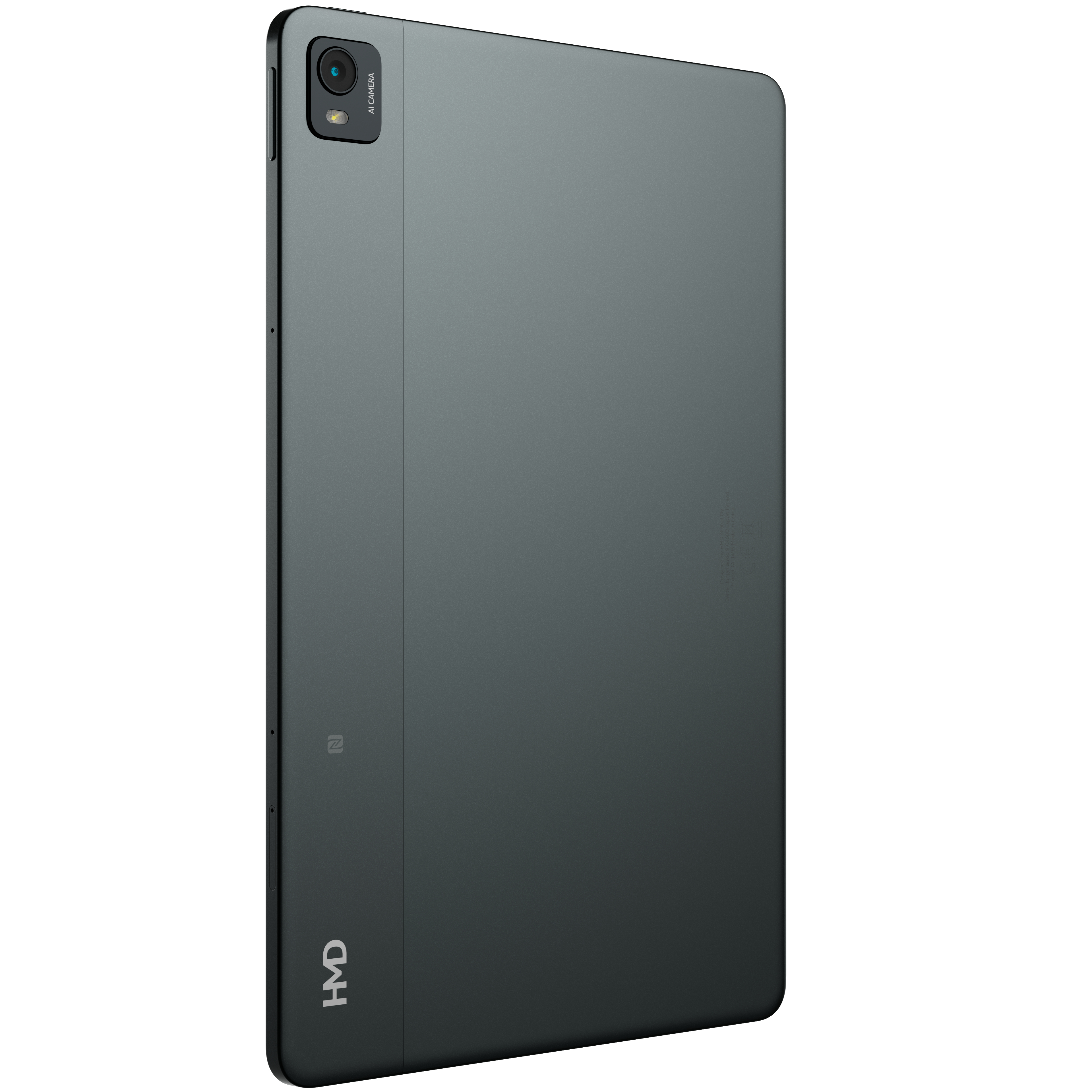 Tablet, colore grigio scuro, con fotocamera e logo 'HMD'.