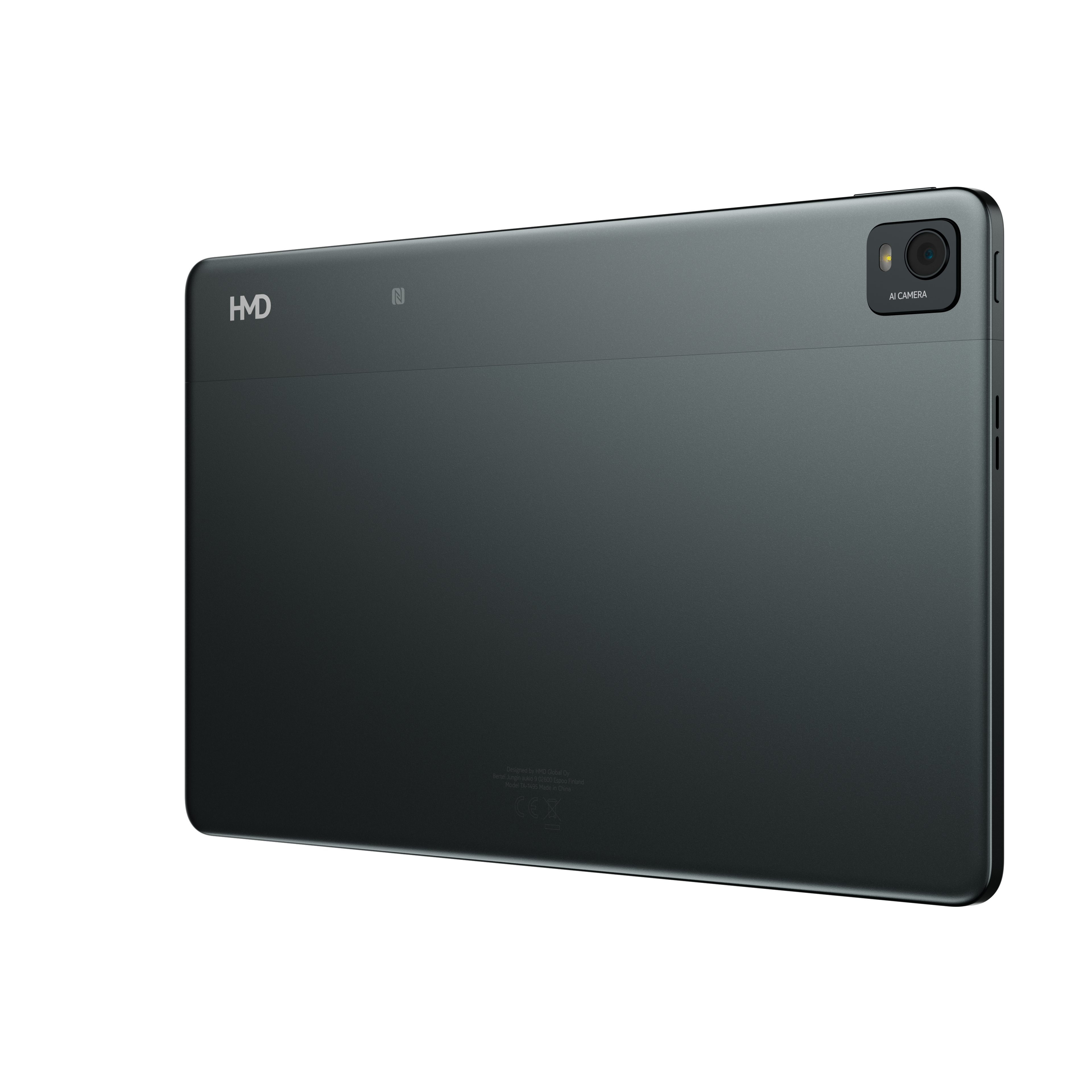 Retro di tablet nero con fotocamera, logo HMD e logo 'N'.