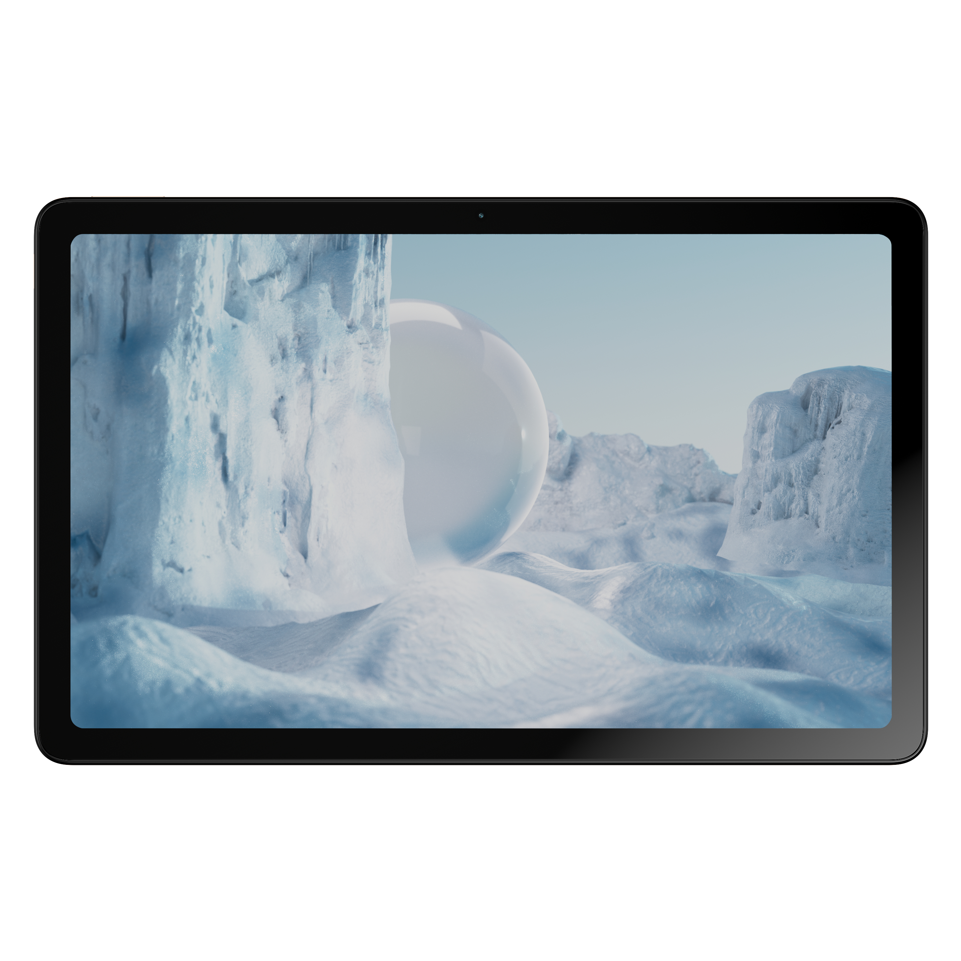 Tablet che mostra formazioni di ghiaccio e sfera riflettente, su sfondo di cielo azzurro.