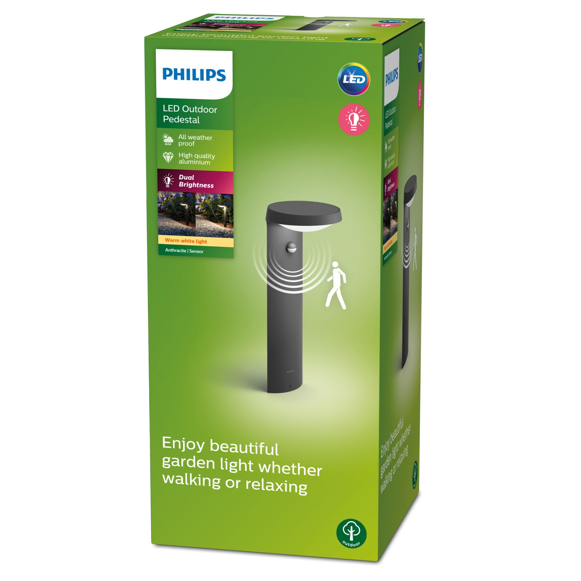 Scatola luminosa a piedistallo per esterni Philips, con immagine di lampada su sfondo verde.