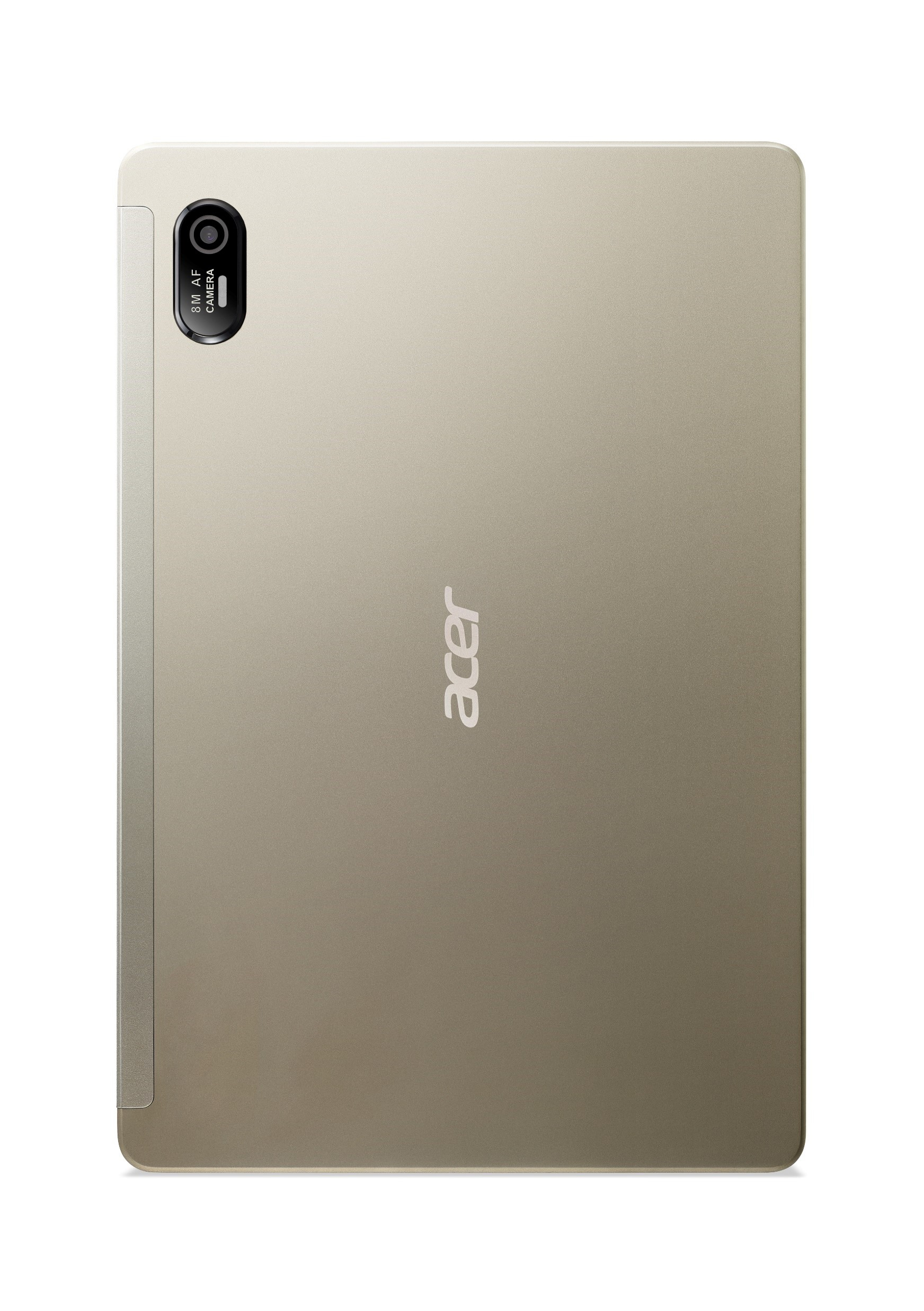 Parte trasera de tableta dorada con logo Acer y una cámara.