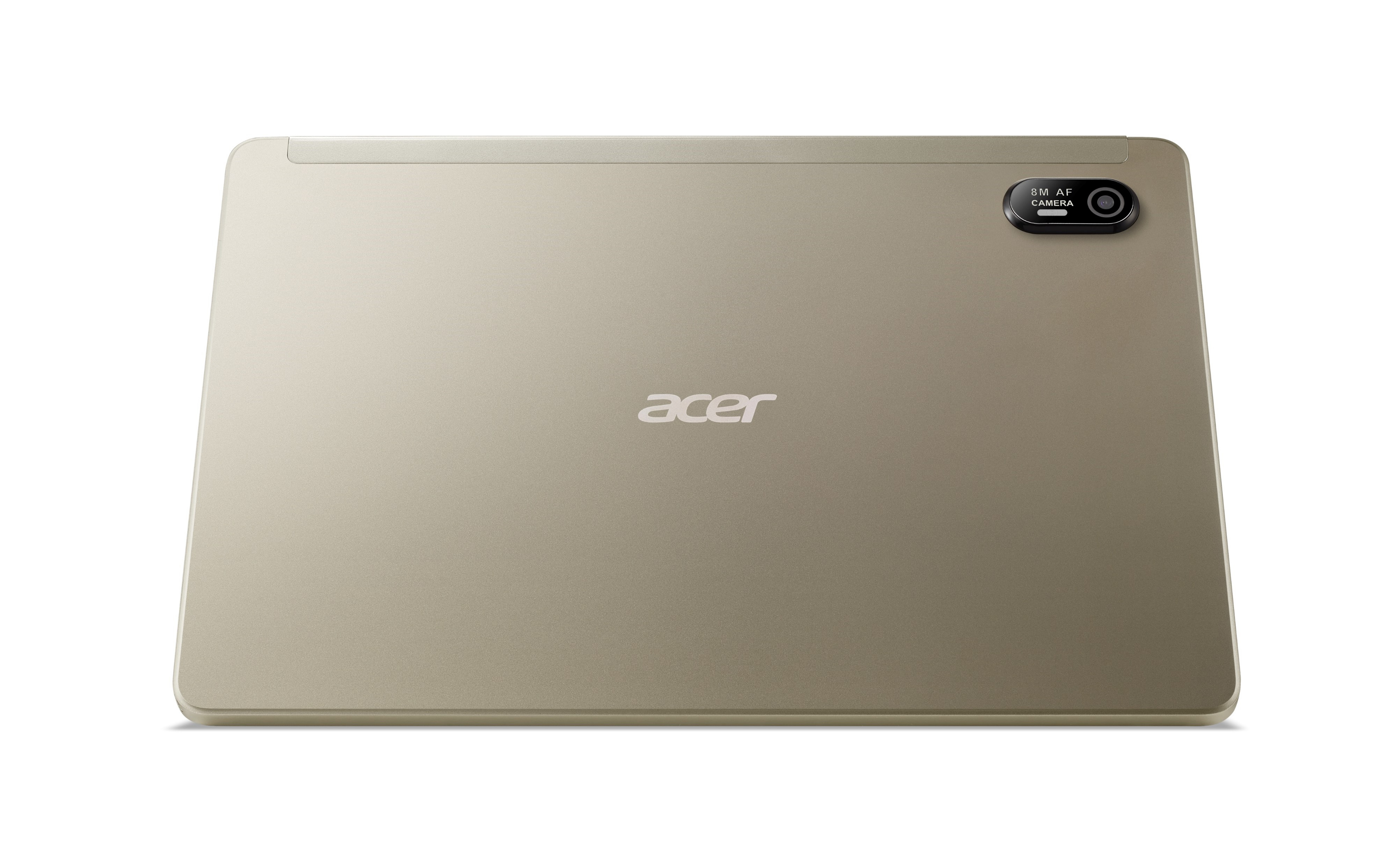 Parte trasera de tablet, dorada, cámara, logo Acer.