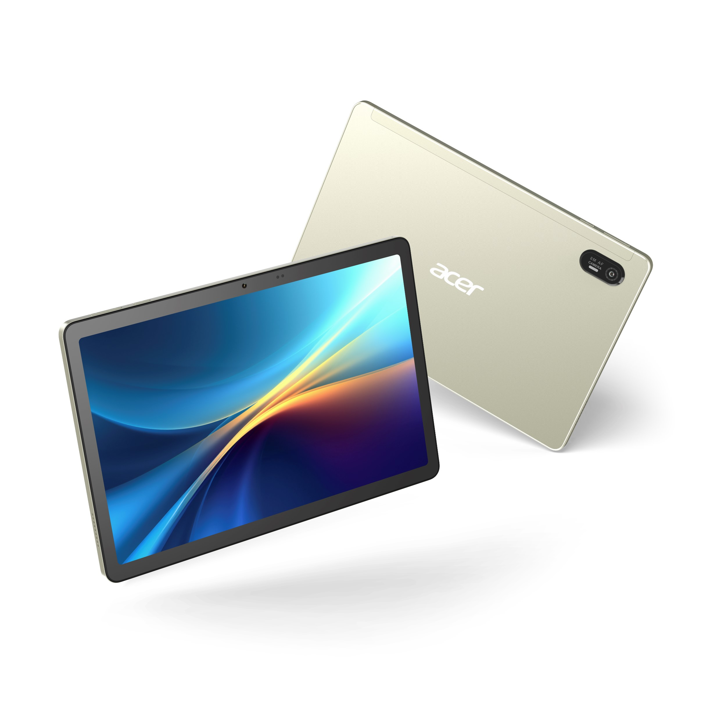 Dos tabletas Acer doradas, una en ángulo, mostrando pantalla con gráficos azules y amarillos.