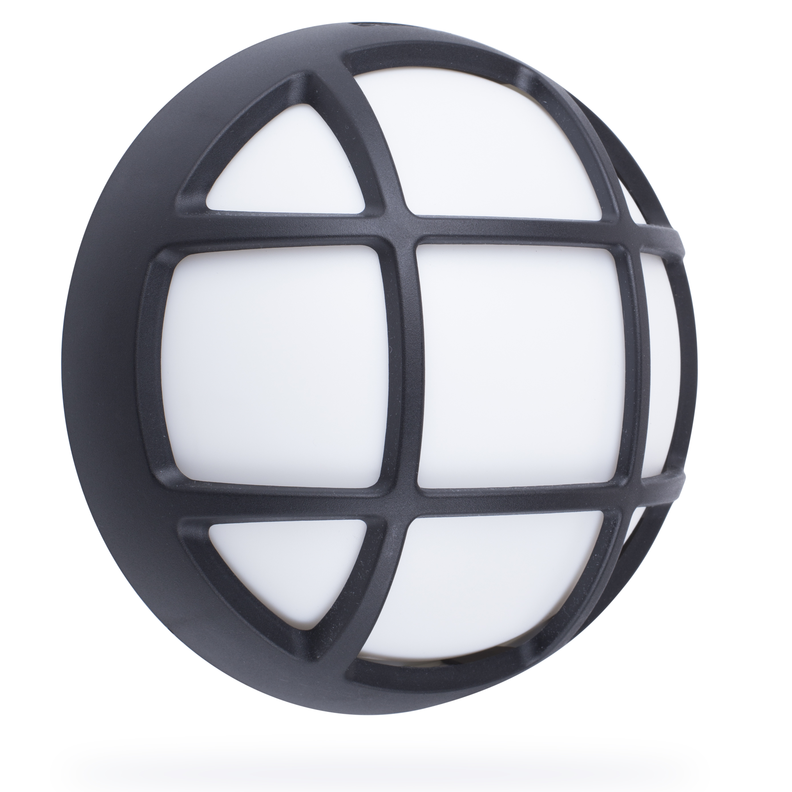 Round, black outdoor light fixture with a grid pattern over a white, illuminated surface. White background.