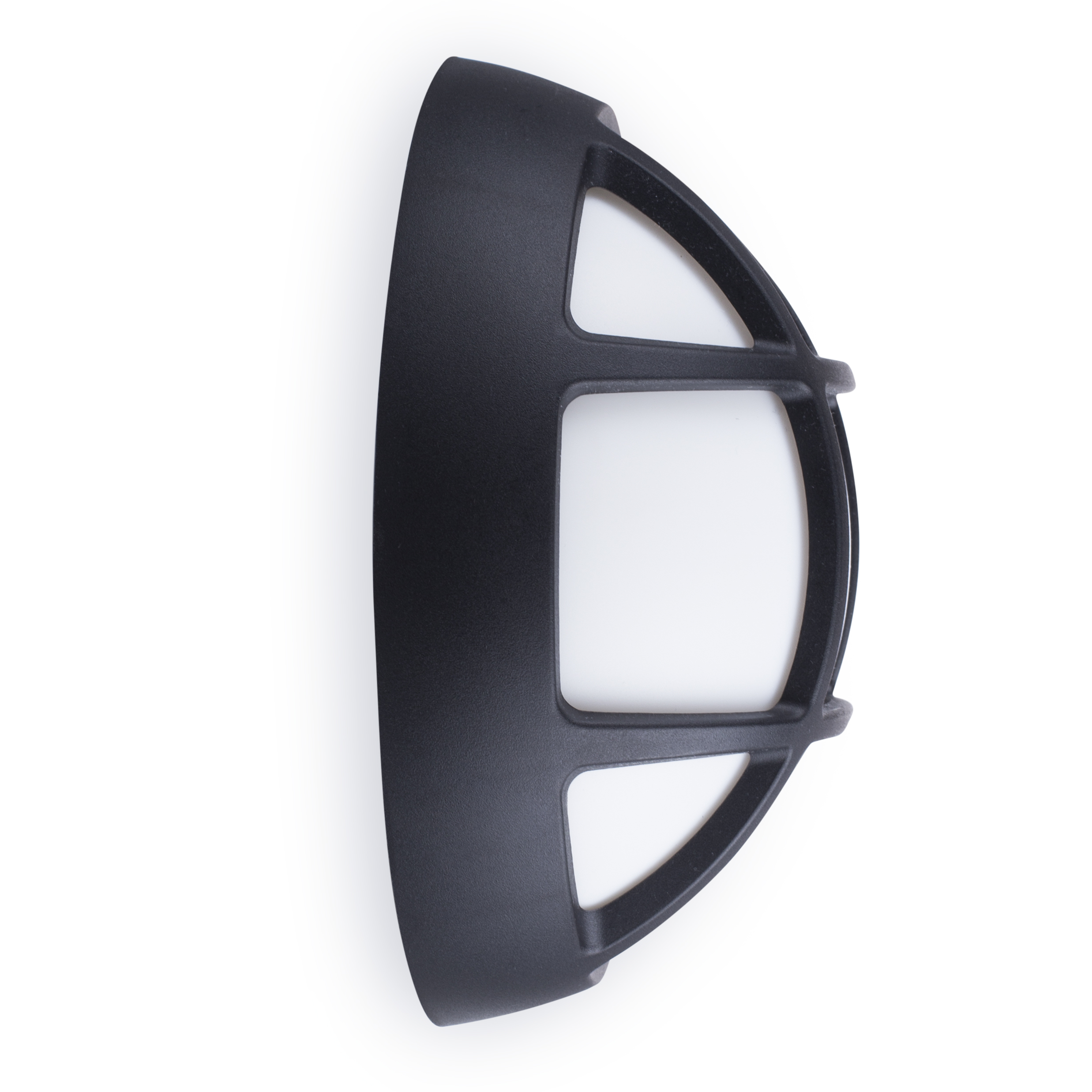 Black outdoor light fixture with a protective cage, white background, top view.