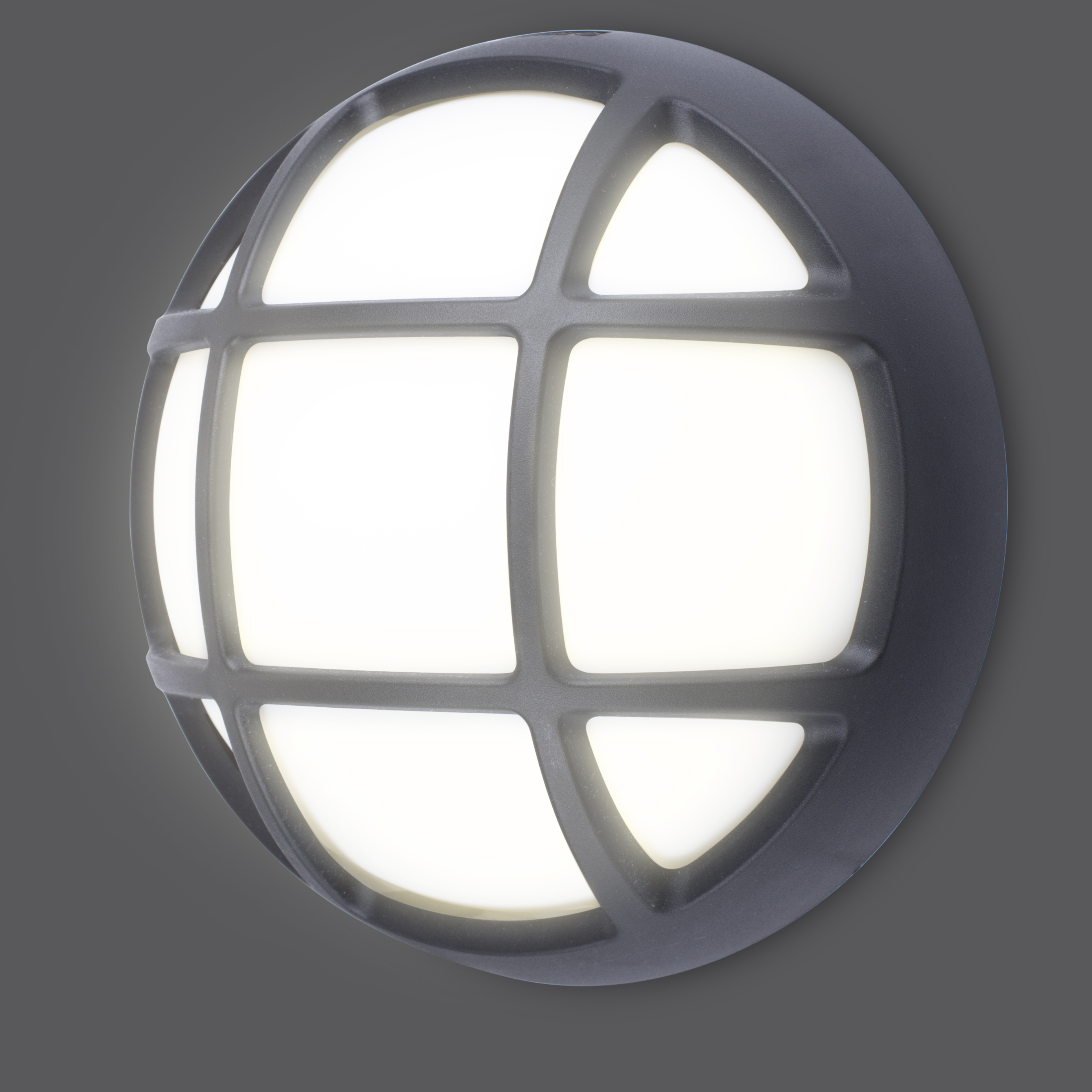 Round, black outdoor light fixture with a white, glowing interior.
