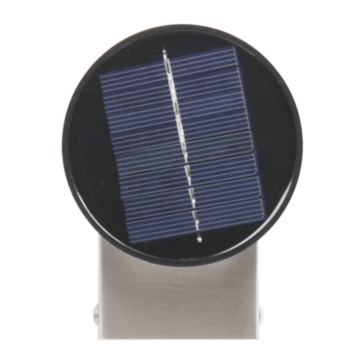 Un primo piano di un pannello solare sulla parte superiore di un apparecchio di illuminazione circolare color argento.