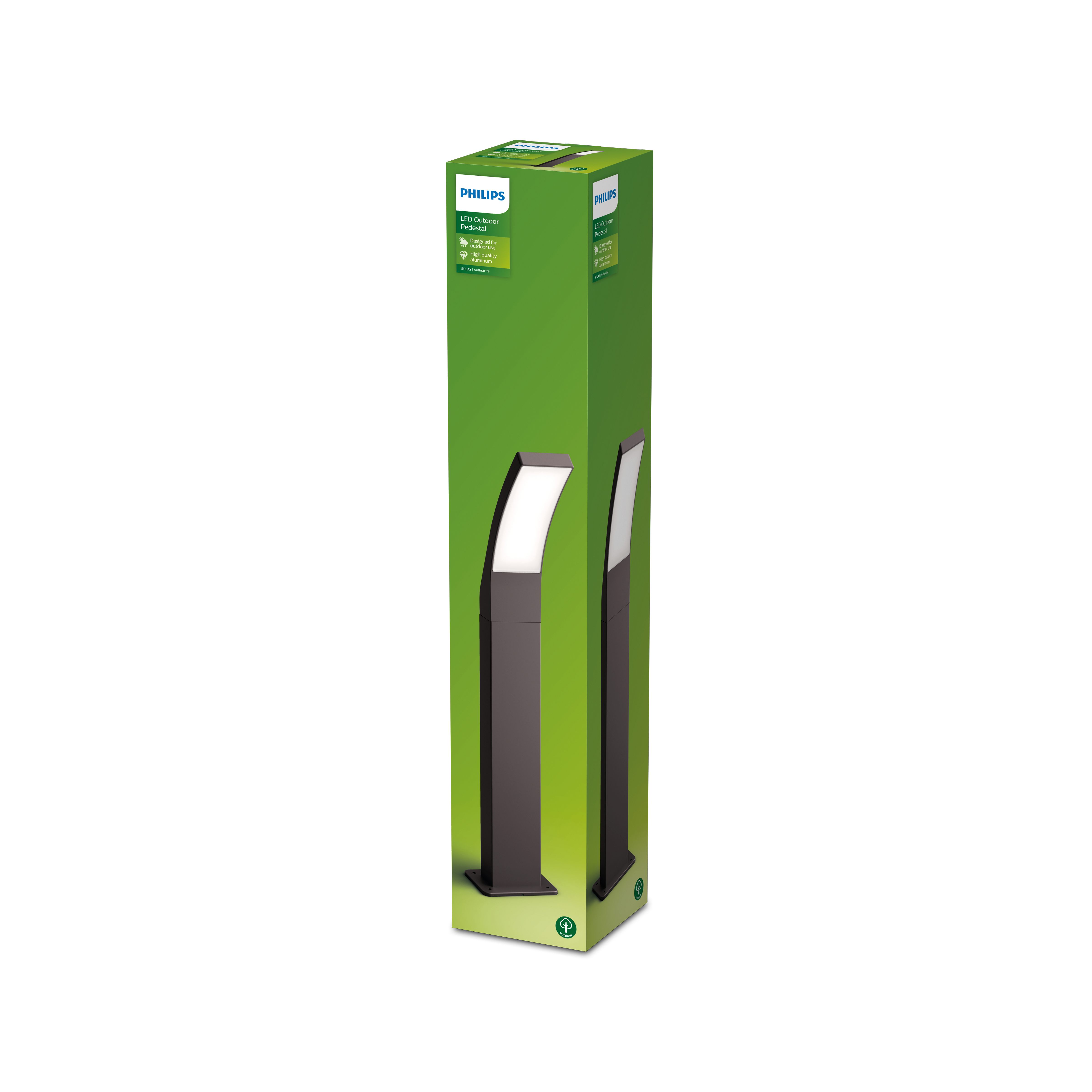 Scatola luminosa Philips con immagine della lampada, scatola verde, lampada nera, luce bianca.