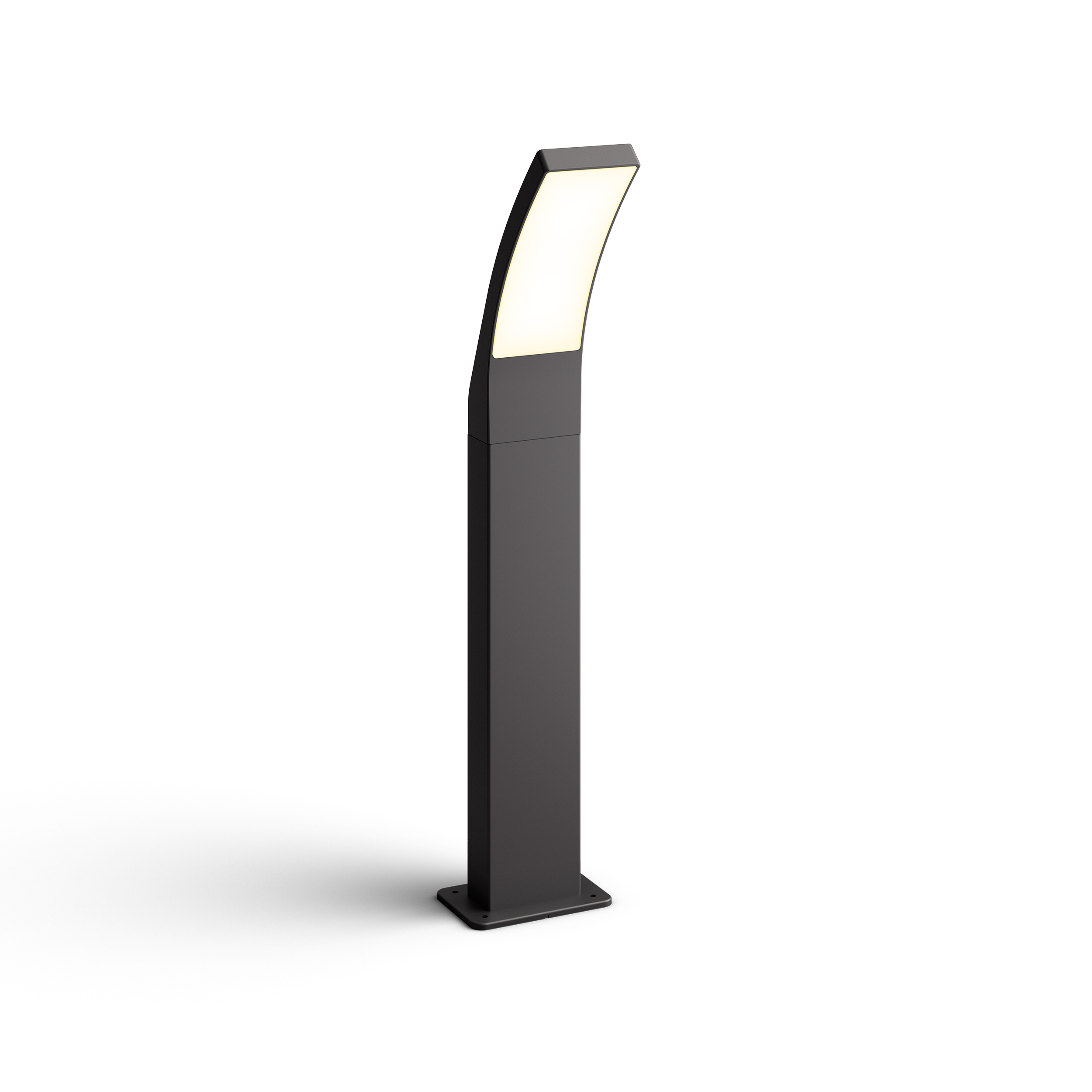 Palo lampada da esterno nero e moderno con luce curva.