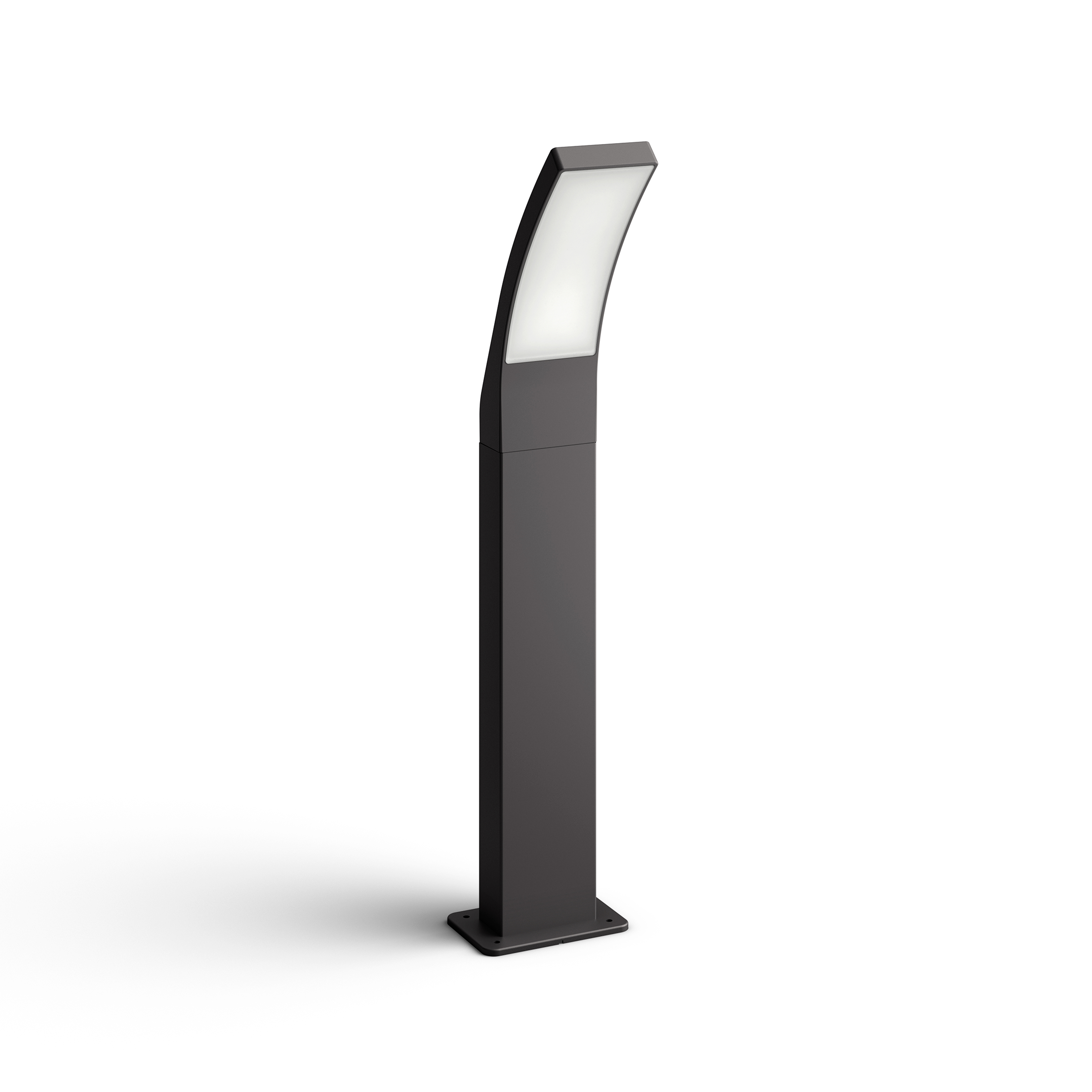 Un lampione nero e alto con una luce bianca sopra, con un design curvo.