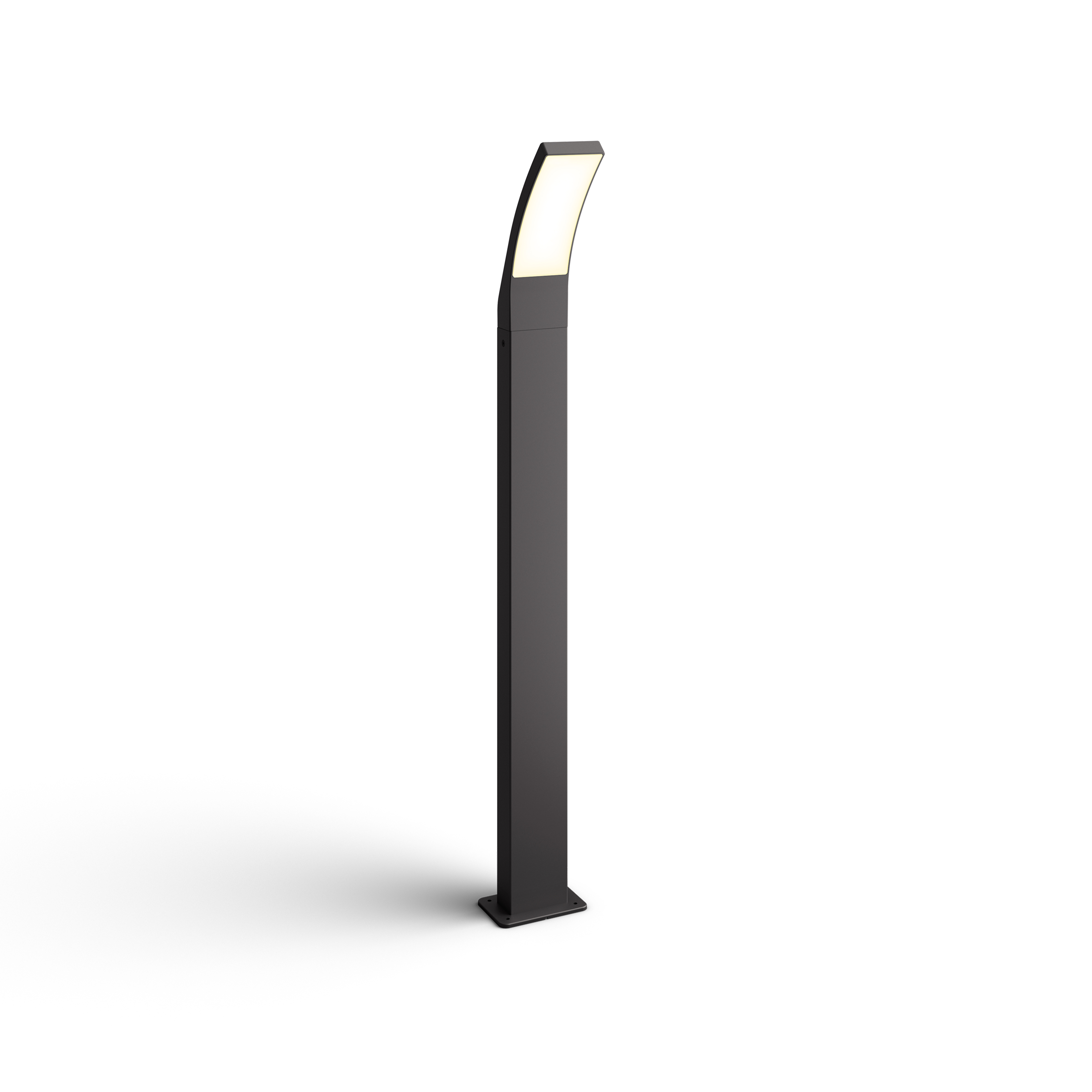 Lampada da esterno nera con luce rettangolare e base quadrata su sfondo bianco.