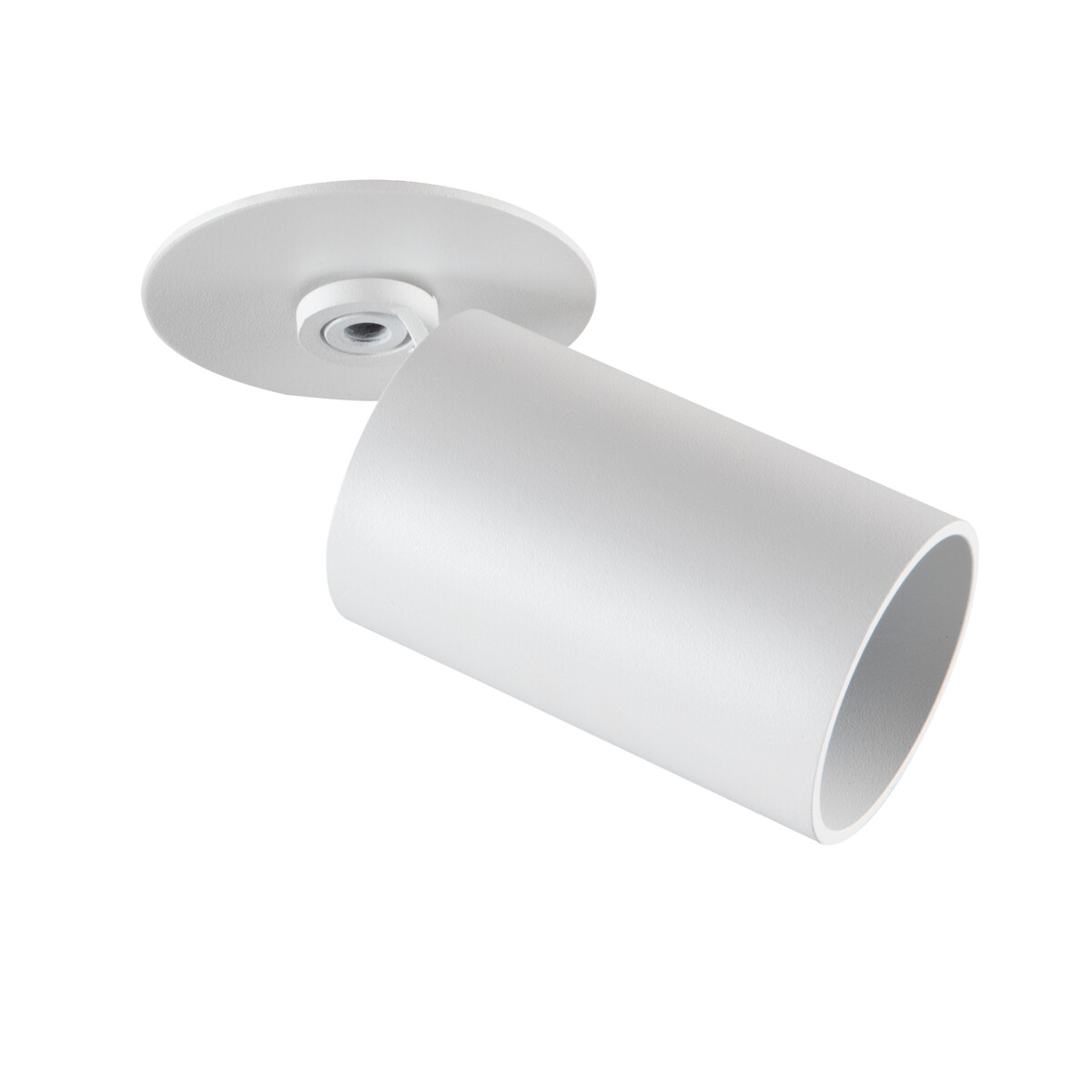 Un faretto cilindrico bianco montato su una piastra a soffitto bianca. Lo sfondo è bianco.