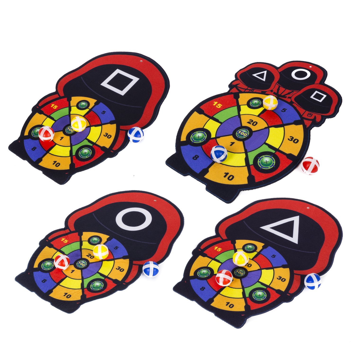 Quattro bersagli a tema Squid Game. Forme rosse sui bersagli. Palle bianche e blu.