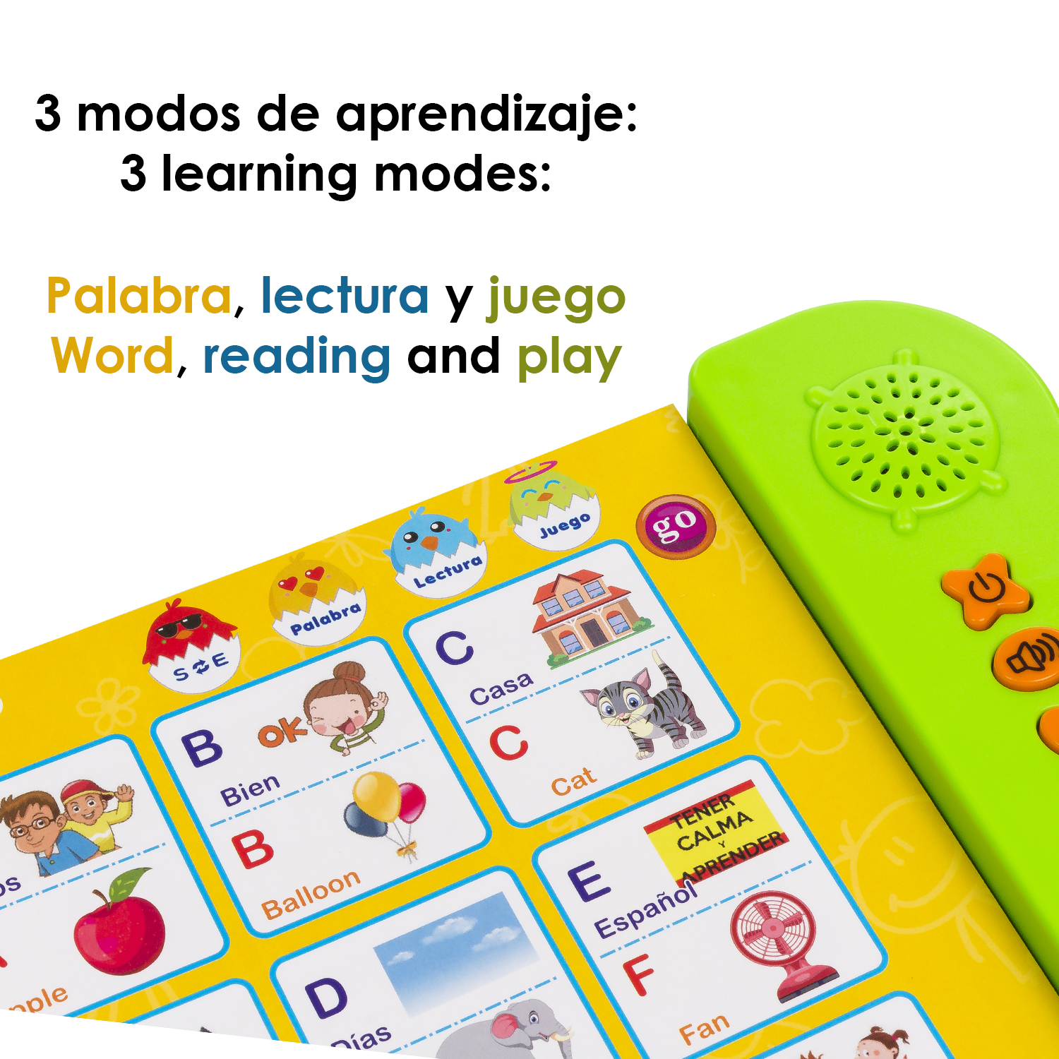 Giocattolo educativo con esercizi di parole e lettura. Altoparlante verde, immagini colorate con parole.