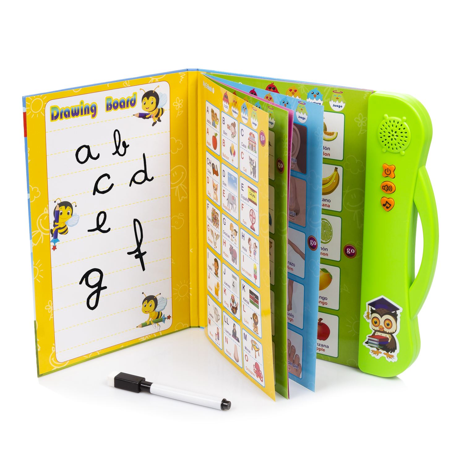 Libro per bambini aperto con lavagna, lettere e manico sonoro verde con un gufo.