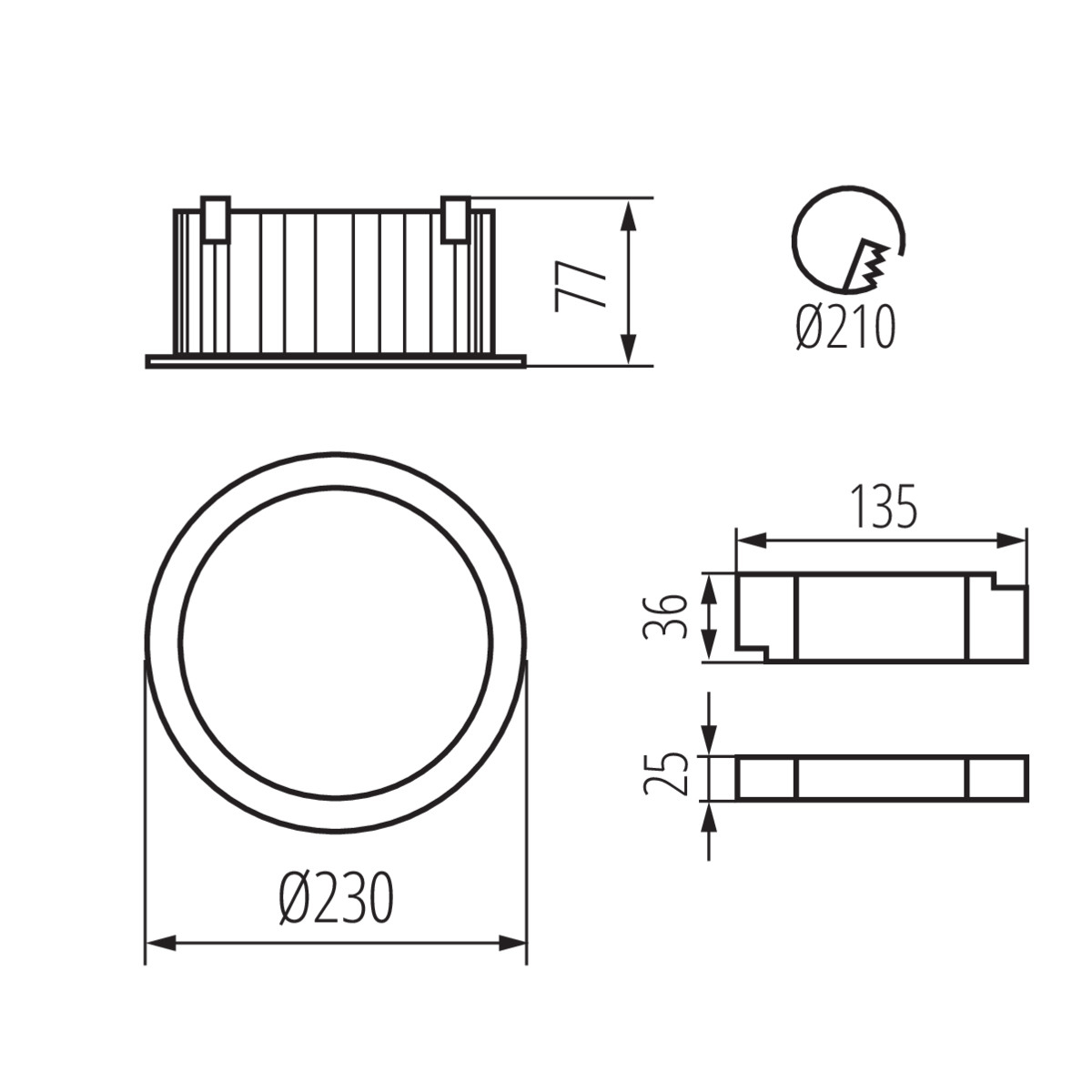 Dibujo técnico de una luz empotrada. Incluye dimensiones, formas circulares y rectangulares y medidas.