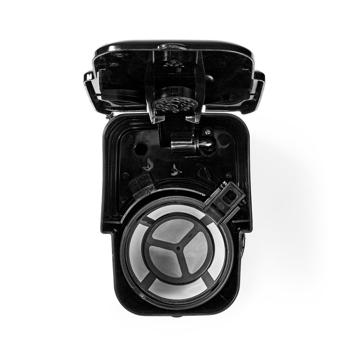 Czarny element ekspresu do kawy z filtrem i otwartą pokrywą pokazany z góry.