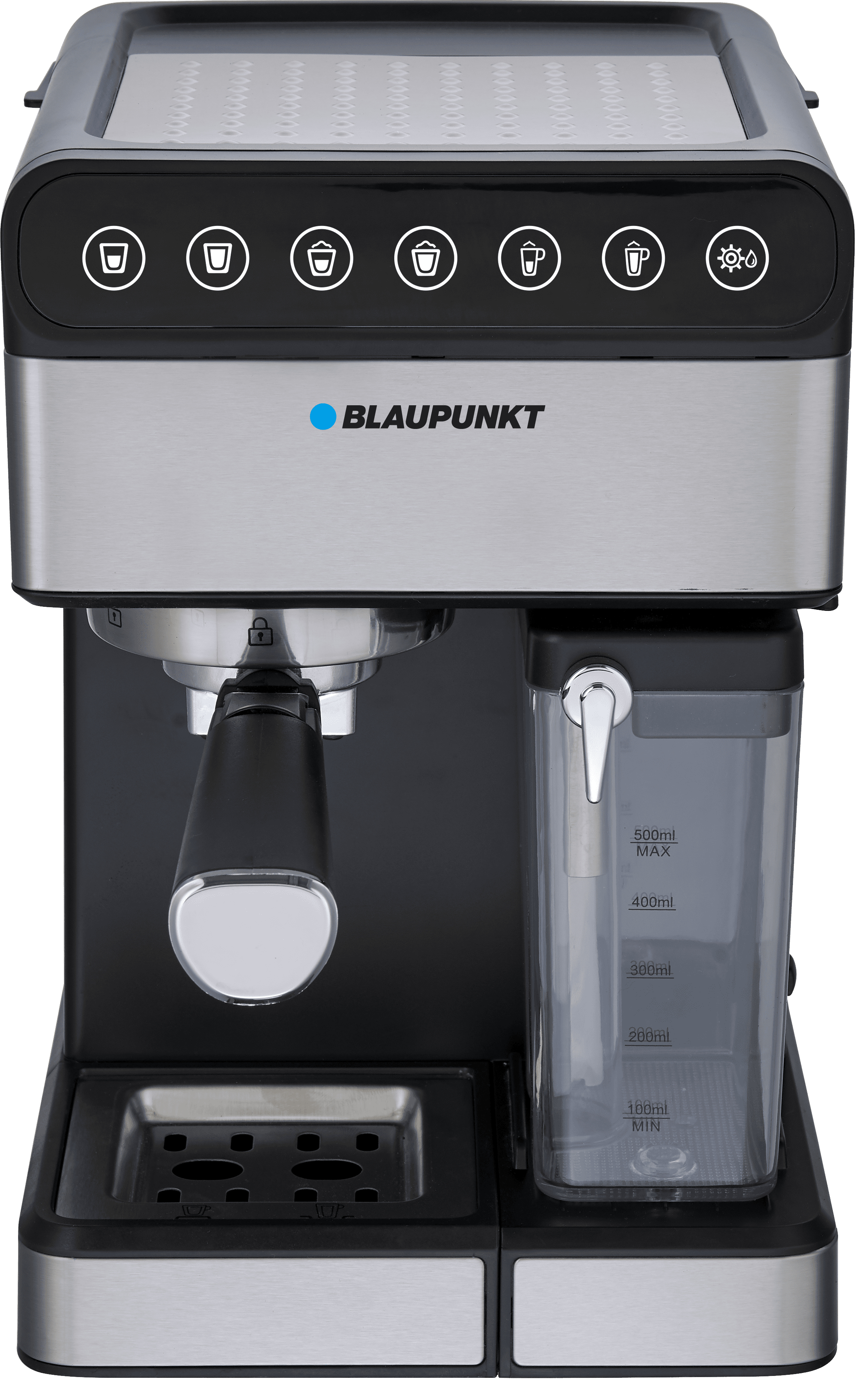 Eine Espressomaschine aus Edelstahl und Schwarz mit Wassertank und Knöpfen.