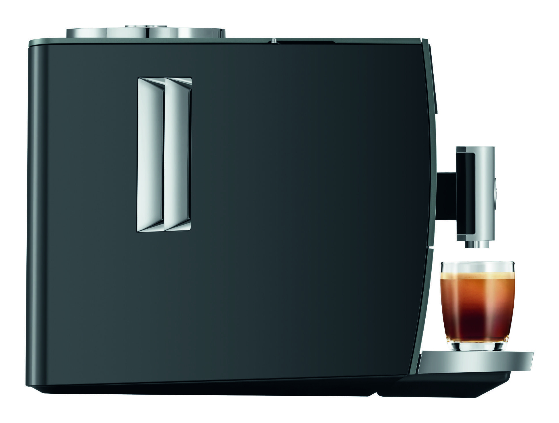 Czarny ekspres do espresso ze szklaną filiżanką kawy na dole.