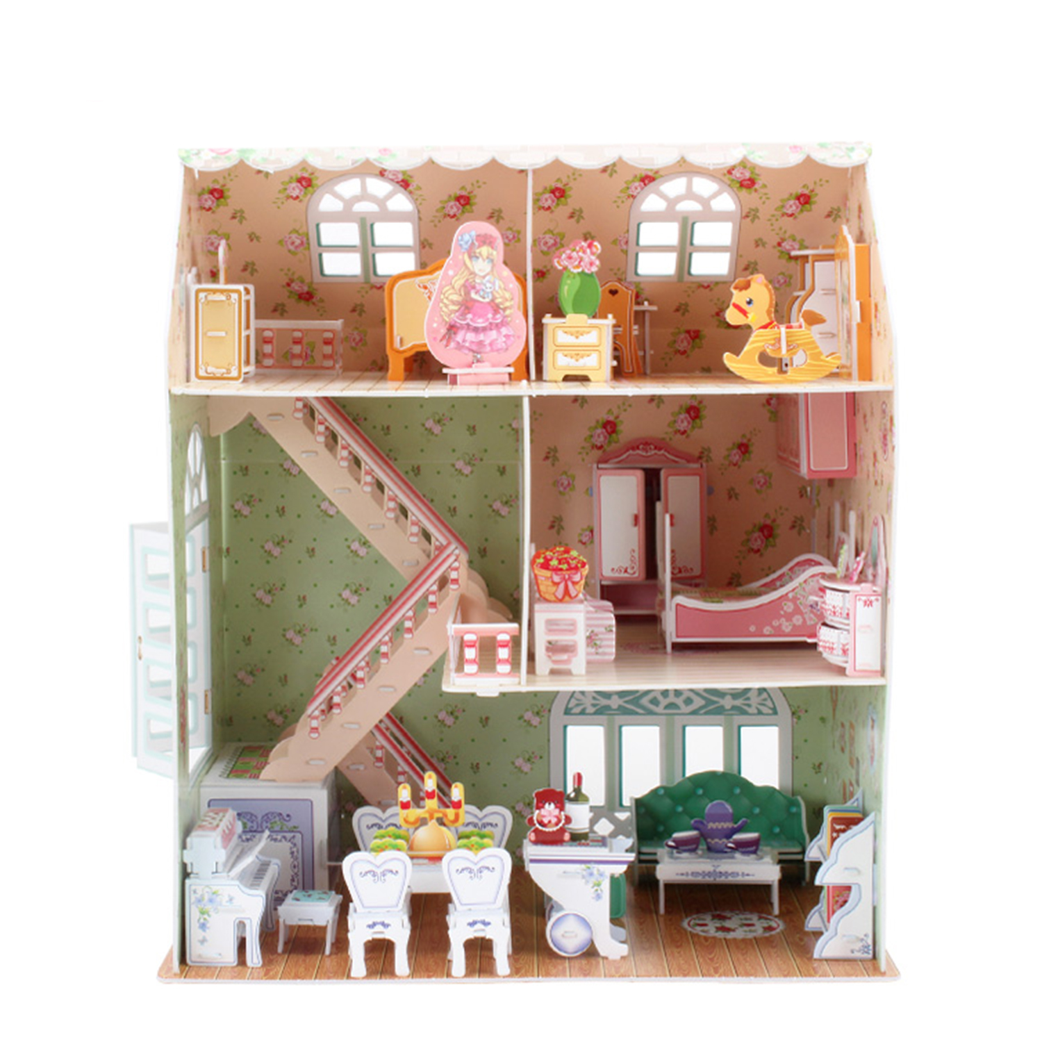 Una casa delle bambole a più piani con stanze, mobili e decorazioni dettagliate; tutto in miniatura.
